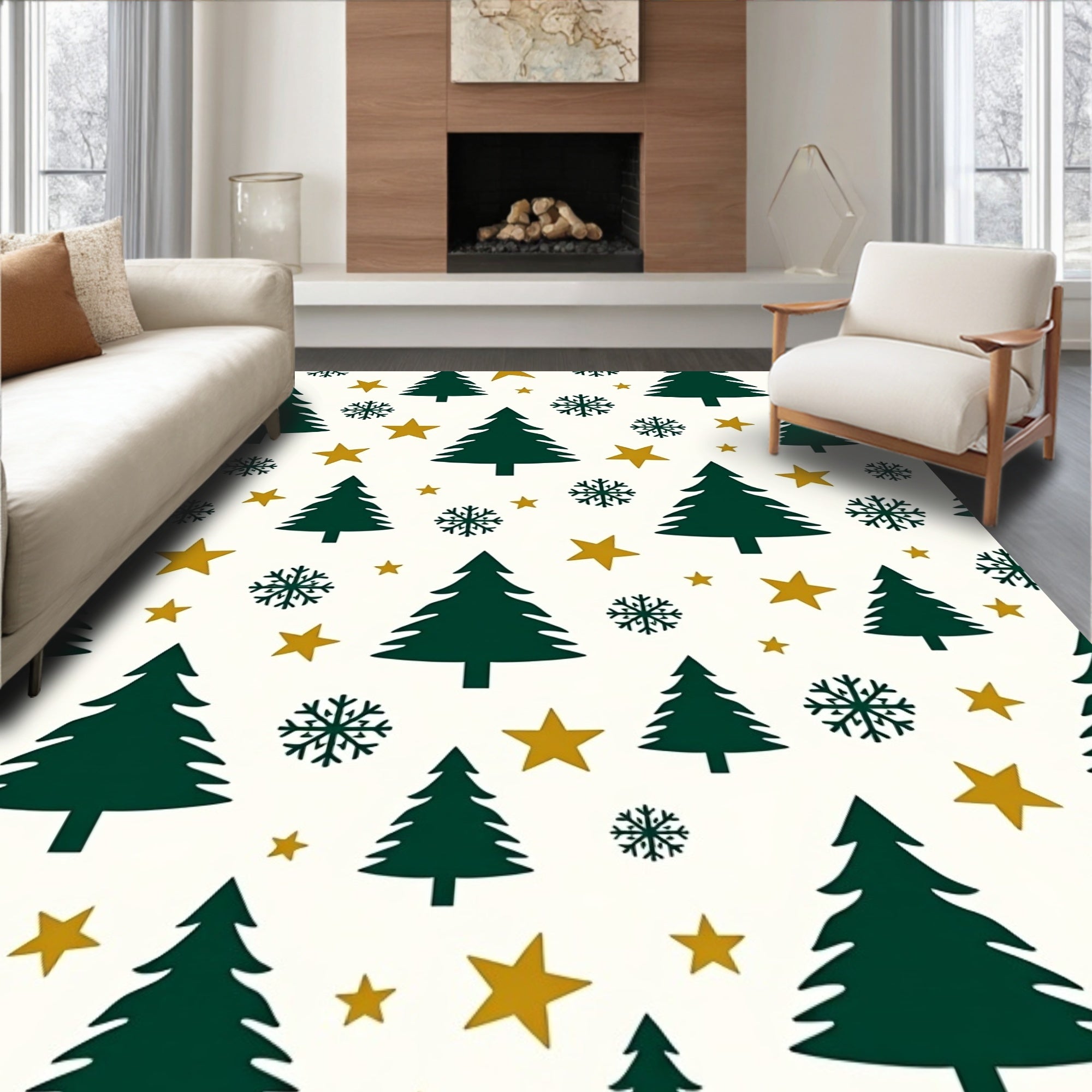 Festive Green Trees Gold Stars Snowflakes Rug