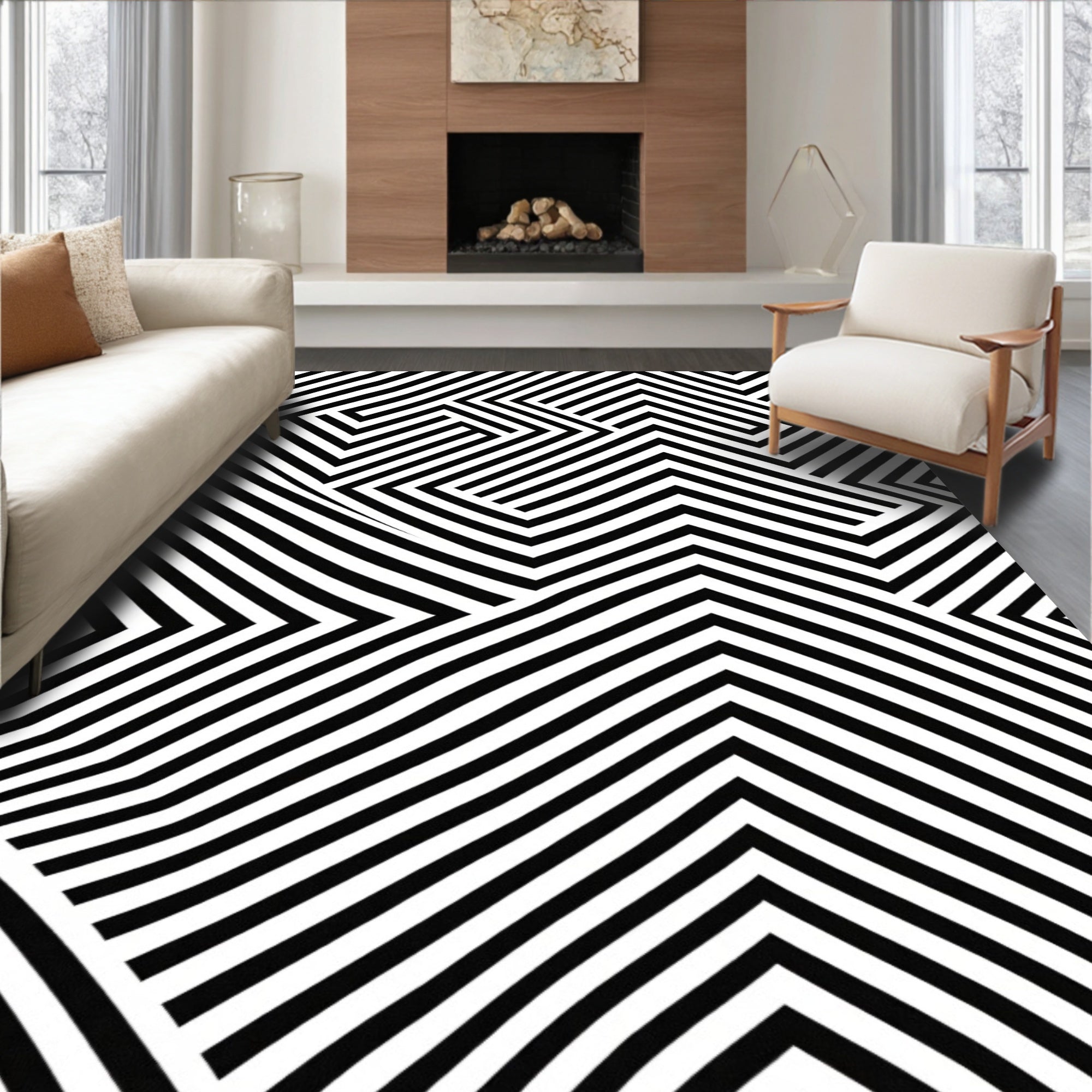 Bold Black White Geometric Stripe Rug