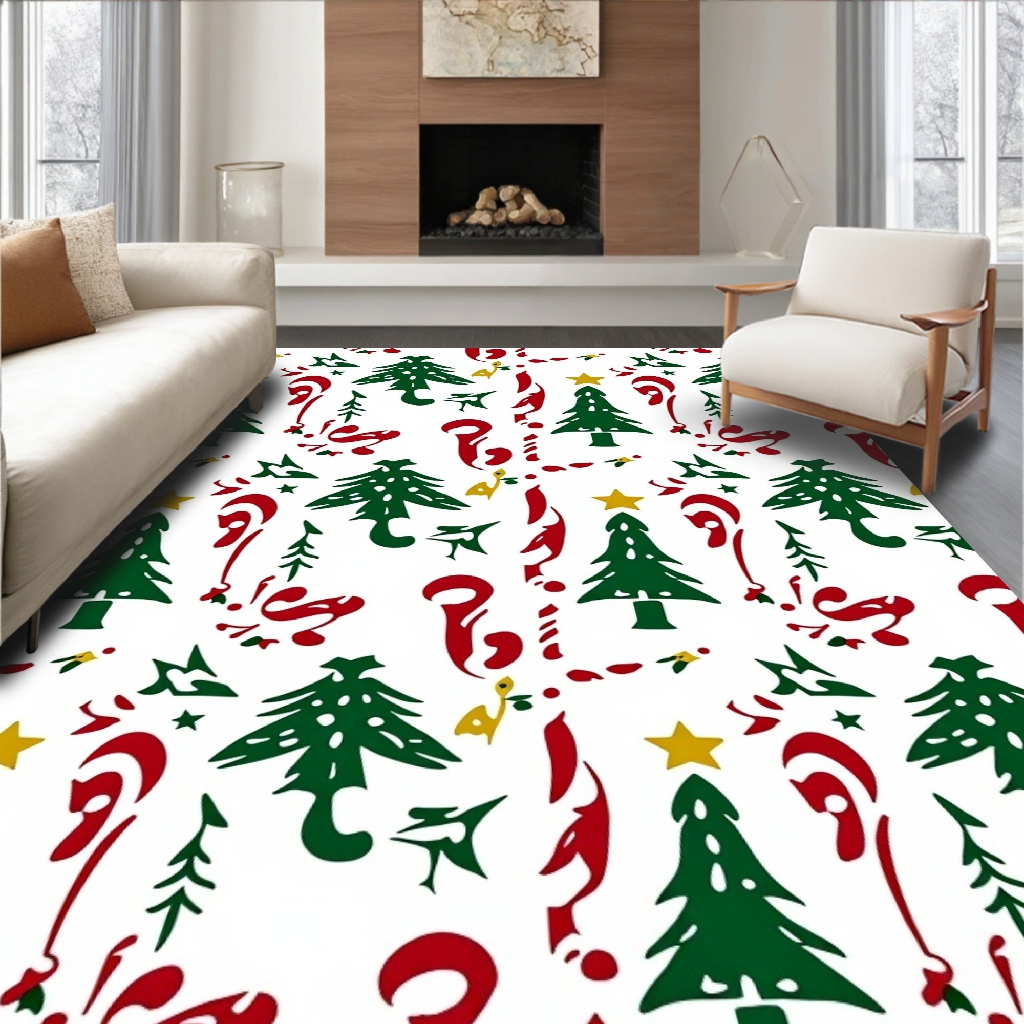 Festive Green Pine Candy Cane Star Rug