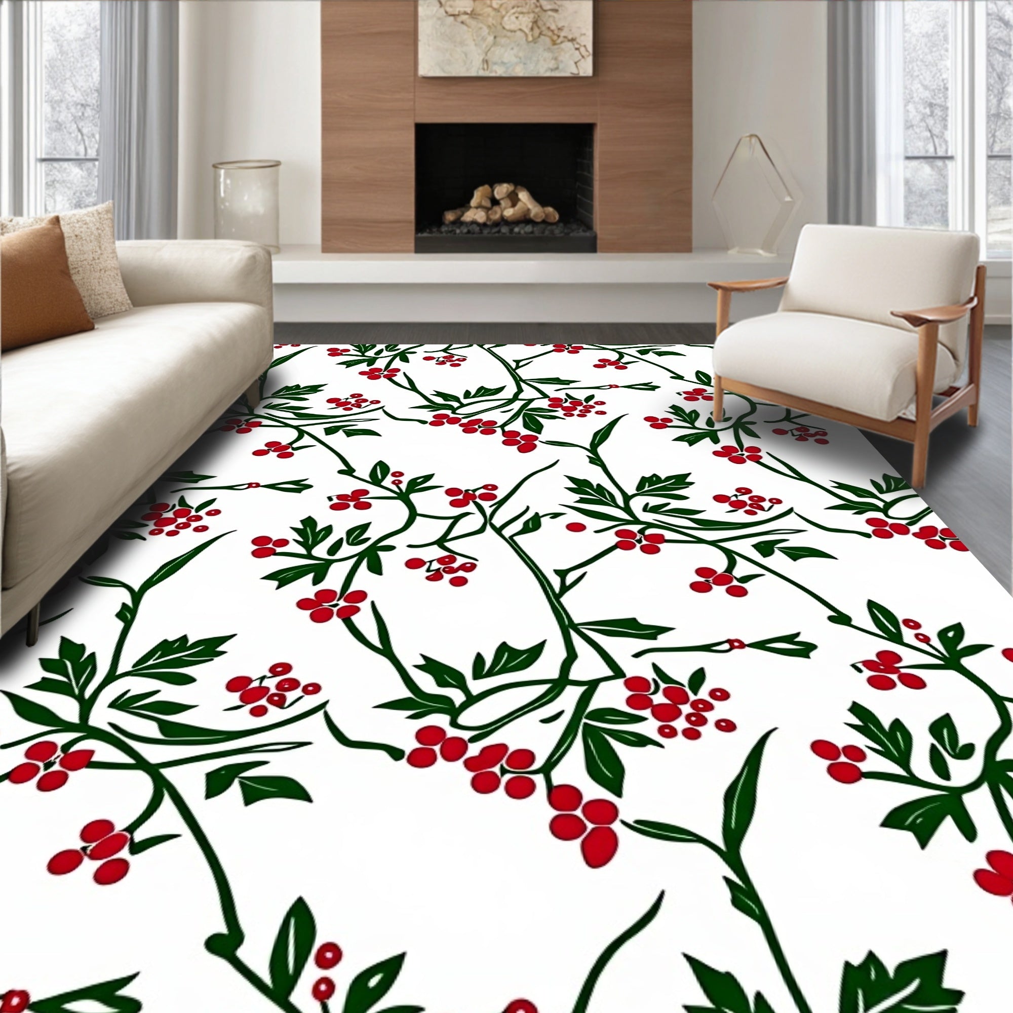 Red Berry Vine Whimsical Floral Rug