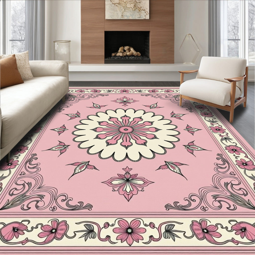 Rose Pink Floral Medallion Border Rug