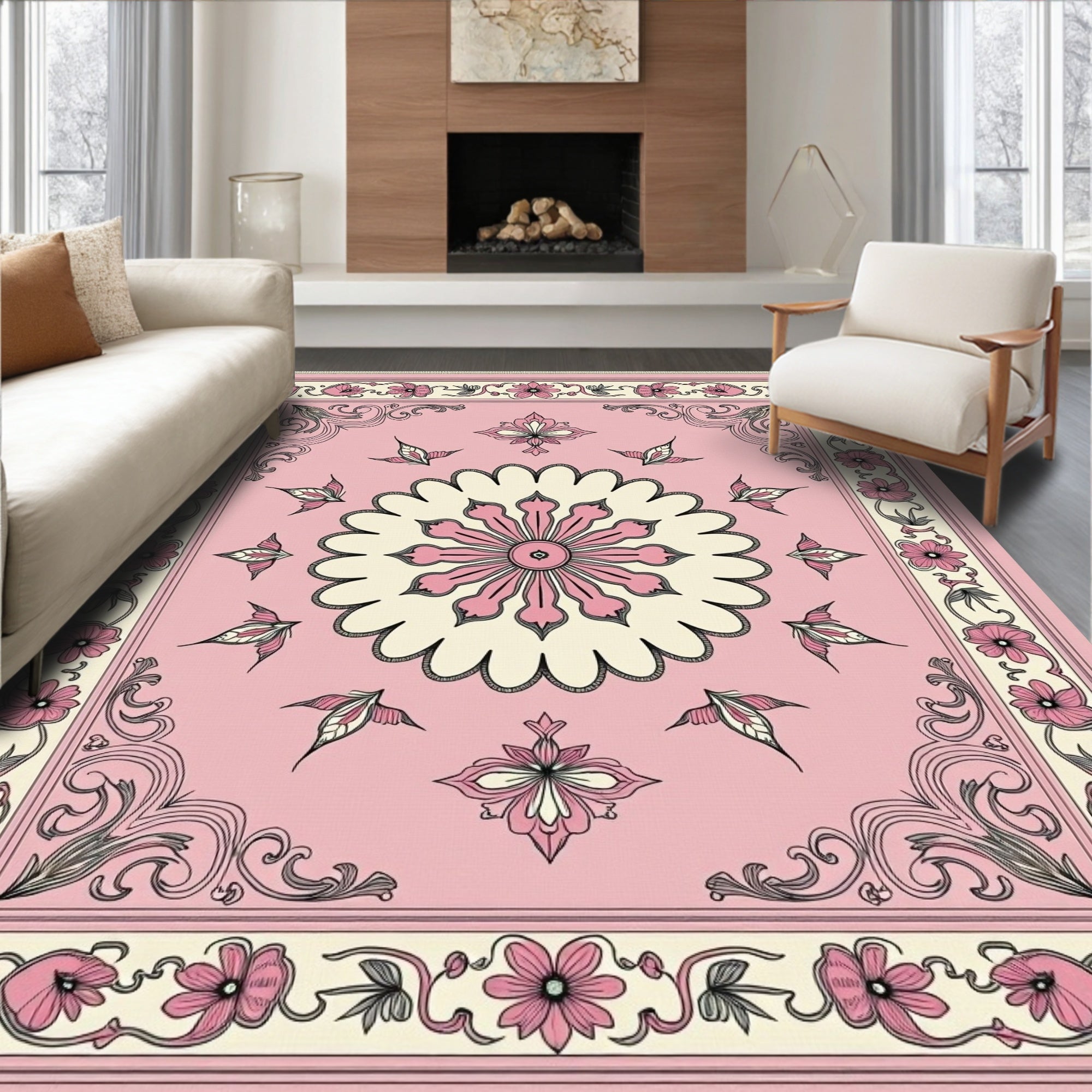 Rose Pink Floral Medallion Border Rug