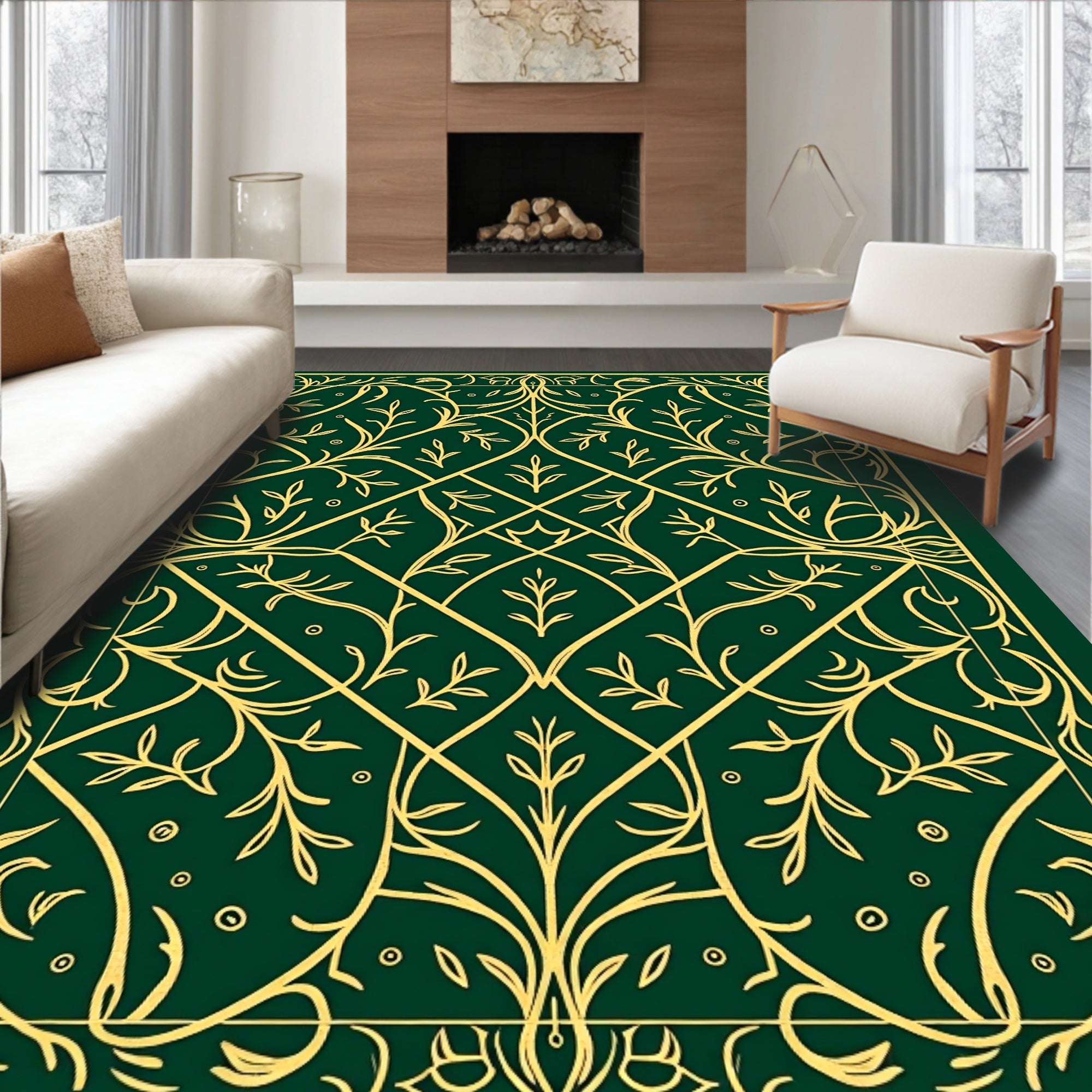 Emerald Green Golden Vine Scroll Rug