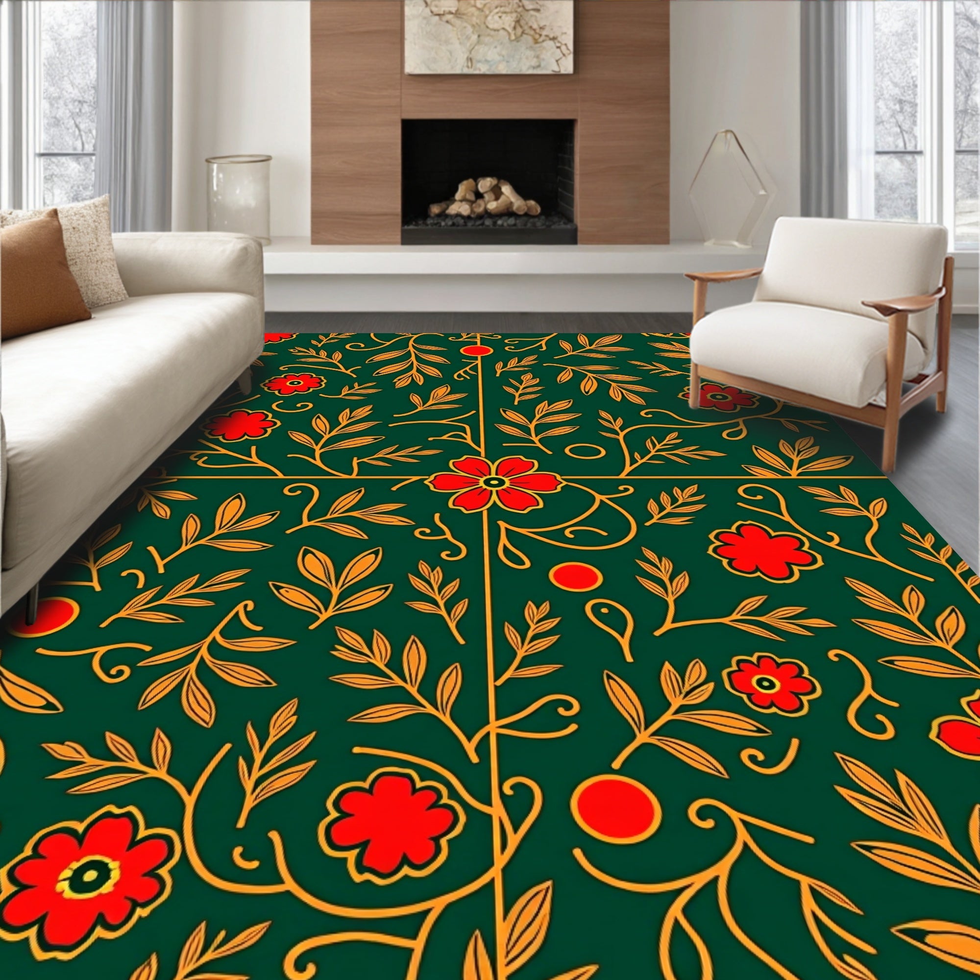 Emerald Green Red Floral Botanical Art Rug