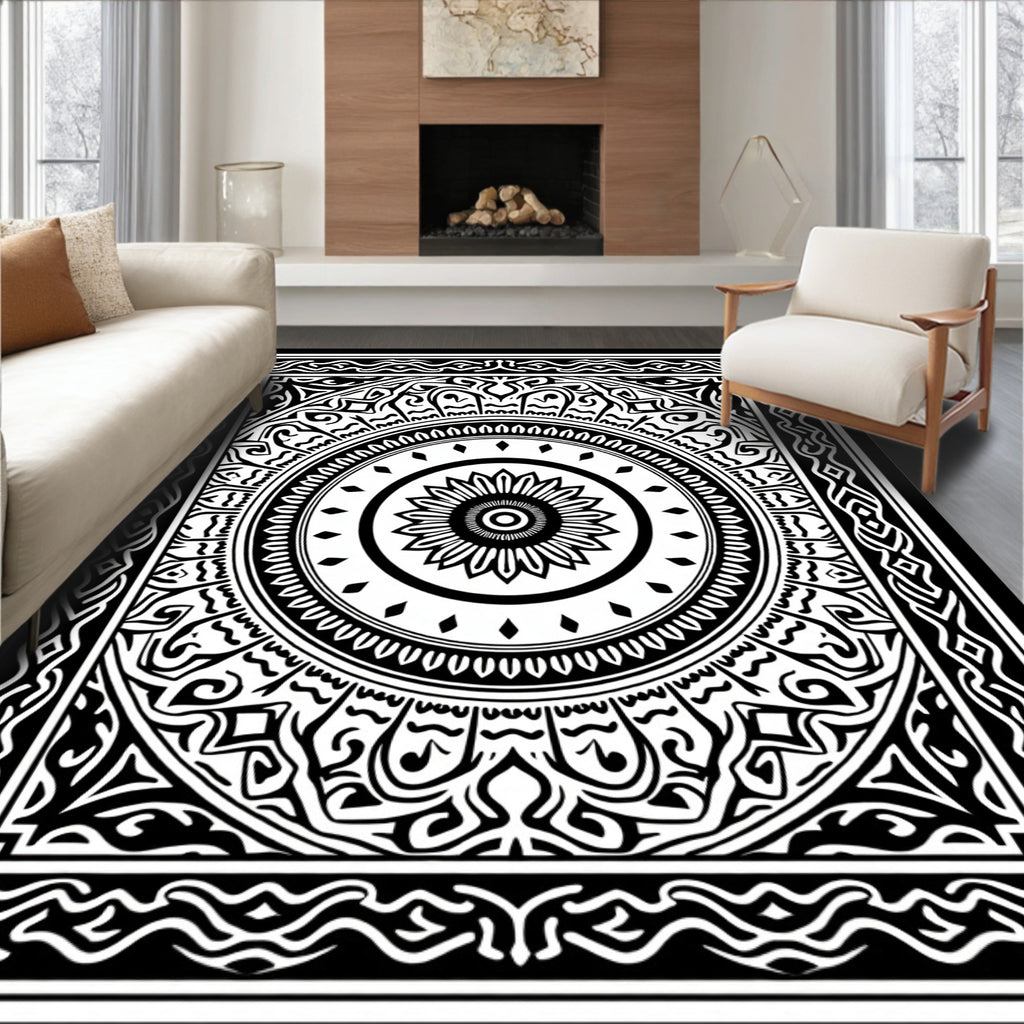 Black White Intricate Floral Mandala Rug