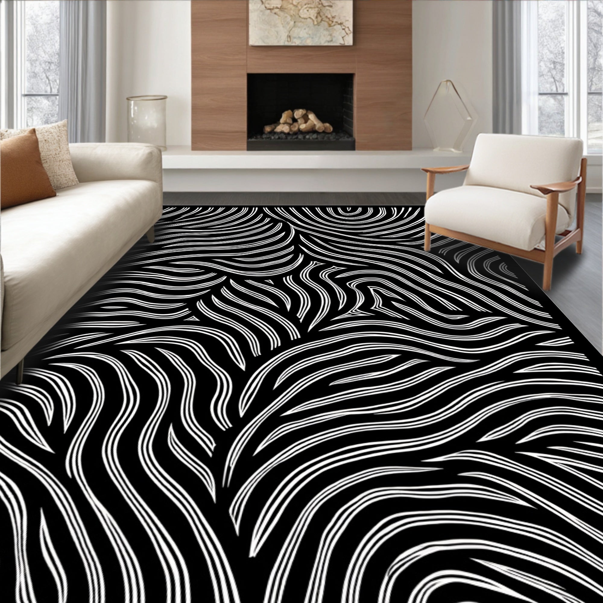 Black and White Flowing Lines Rug