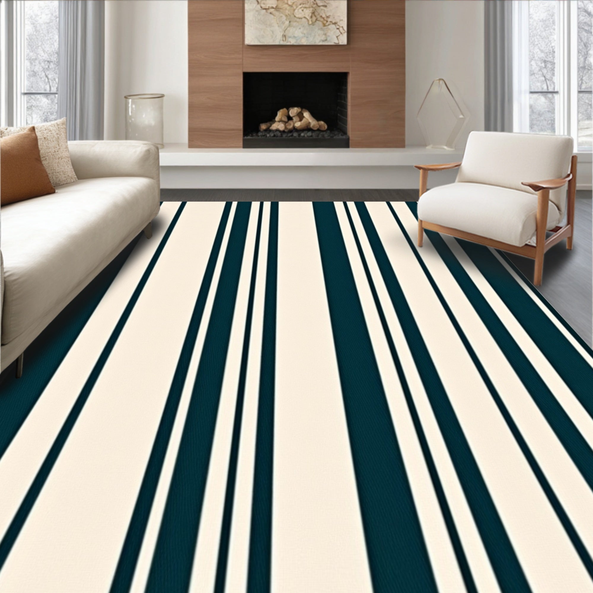 Deep Teal Cream Striped Vertical Harmony Rug