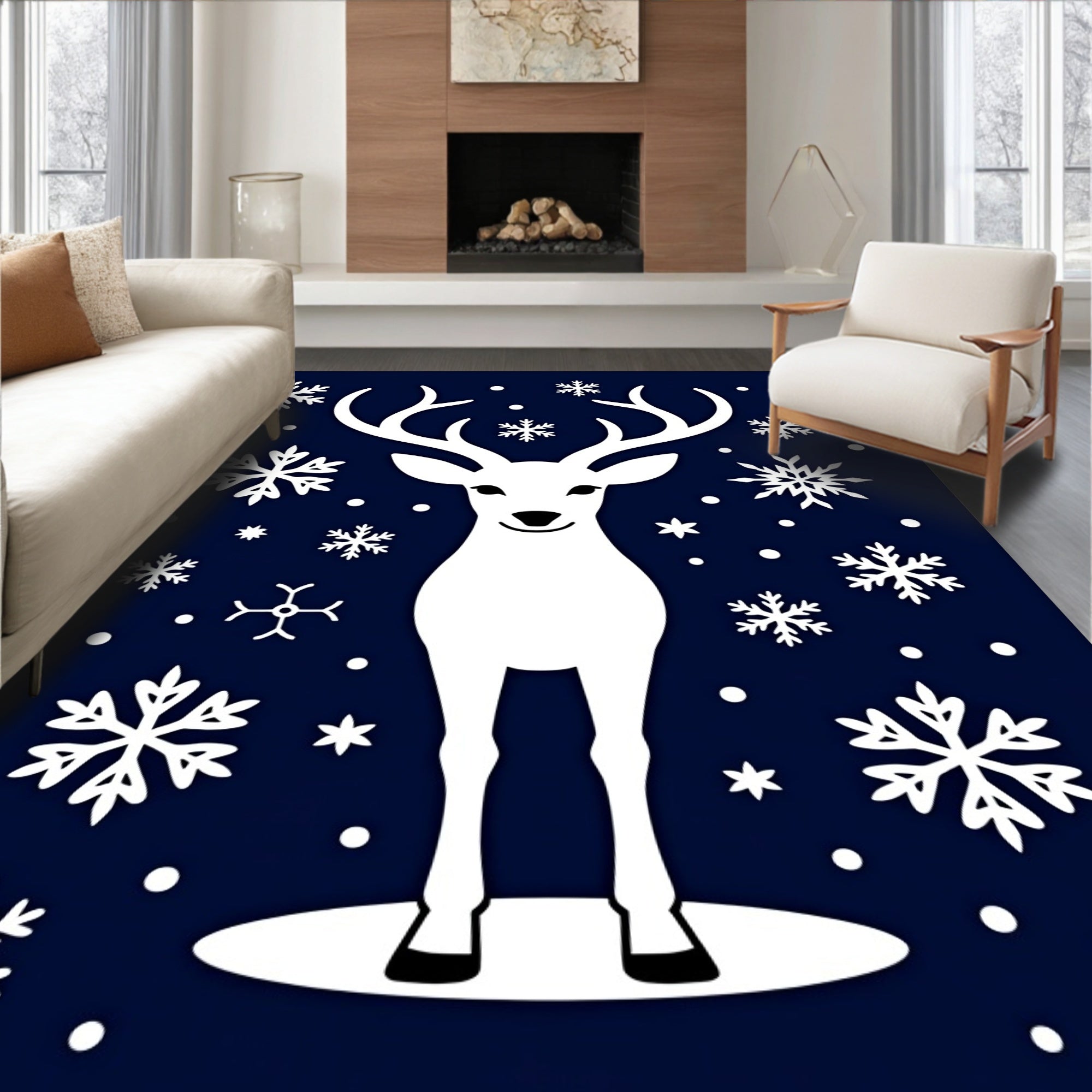 Winter White Deer Snowflake Navy Rug