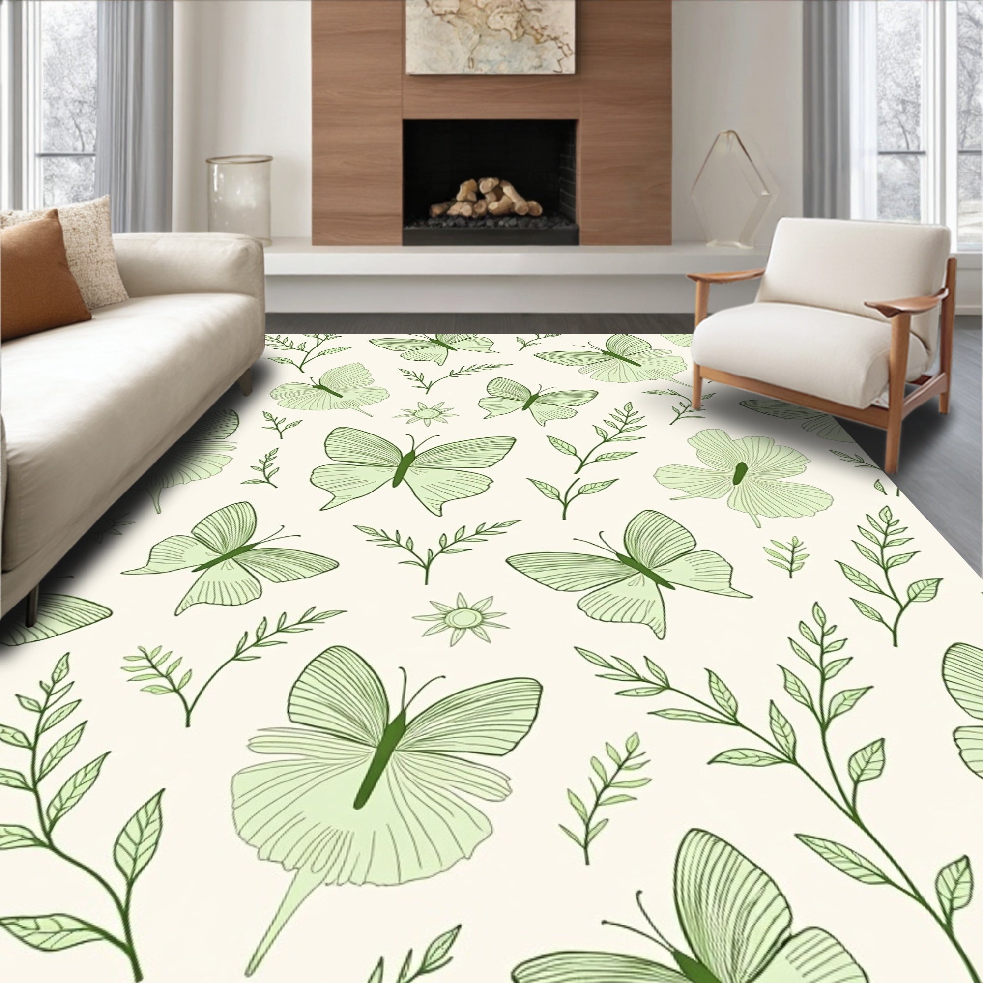 Soft Green Butterfly Botanical Whimsy Rug