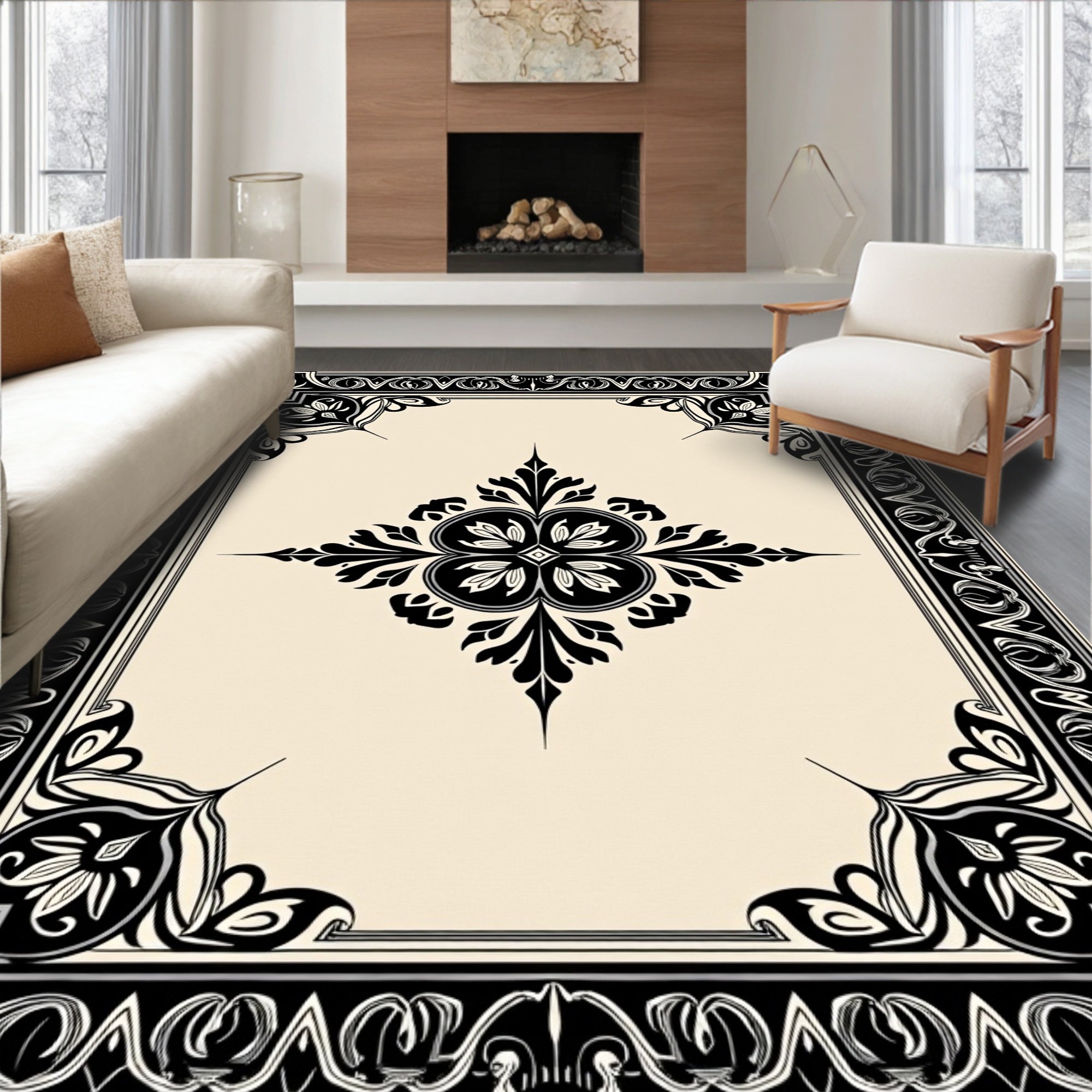 Black Cream Floral Acanthus Scroll Rug