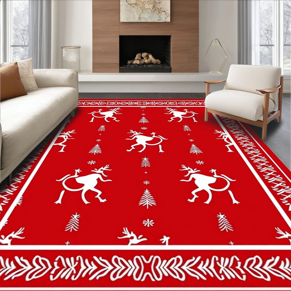 Red Whimsical Reindeer Forest Rug