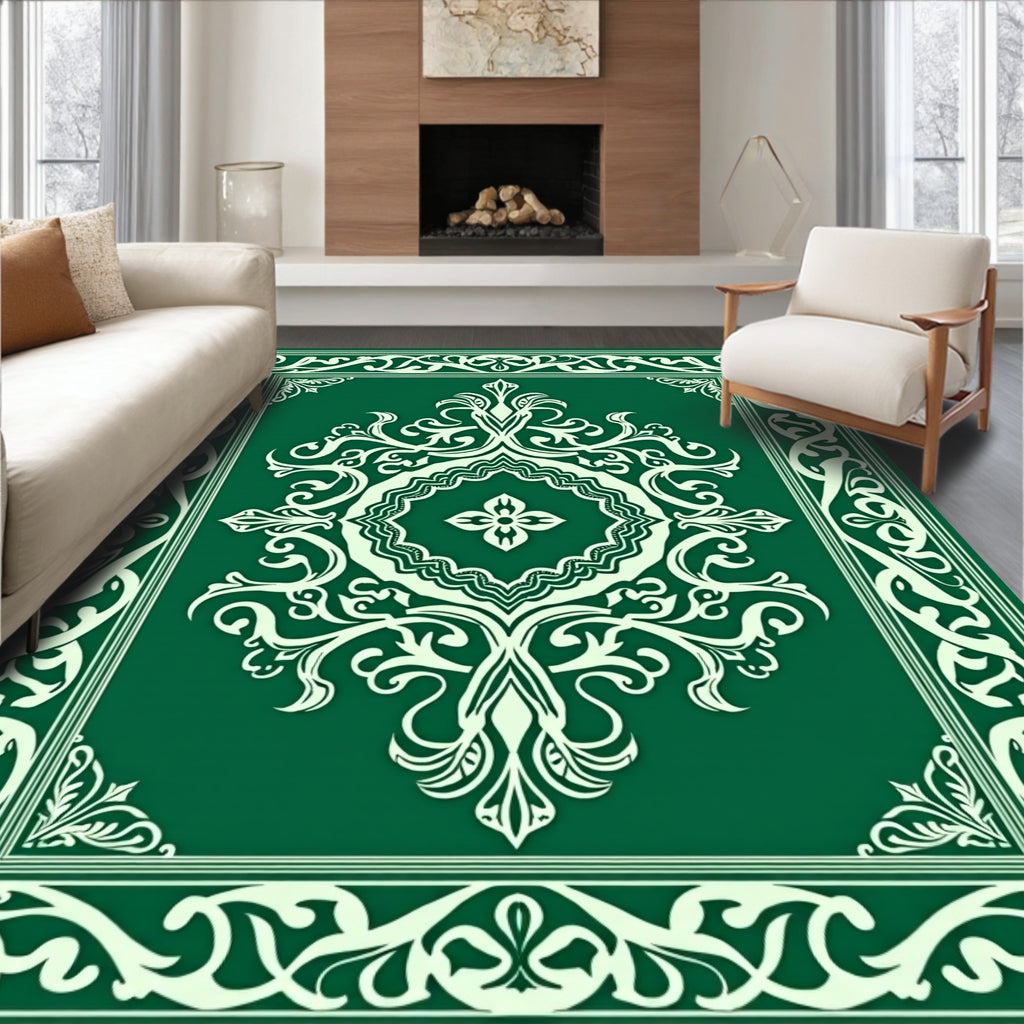 Emerald Green White Scrollwork Medallion Rug