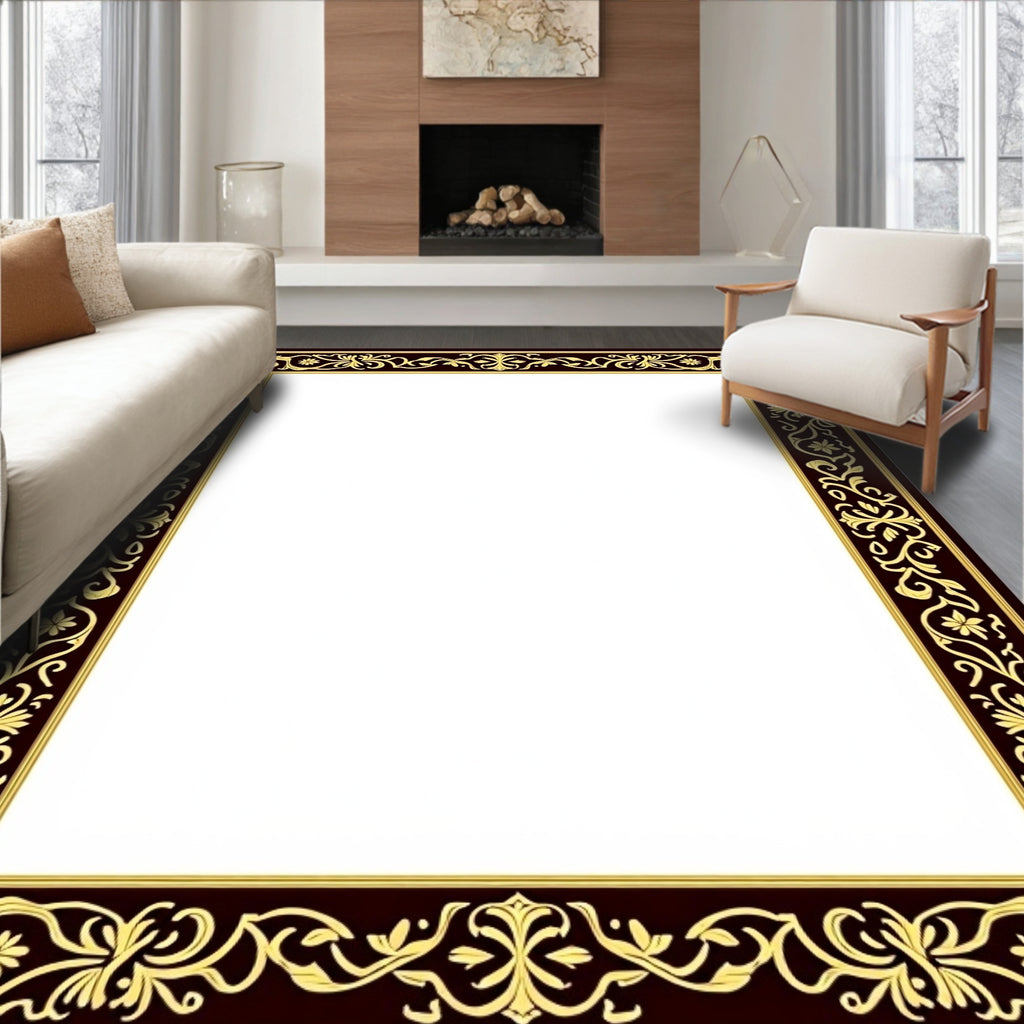 Dark Brown Gold Floral Scroll Border Rug