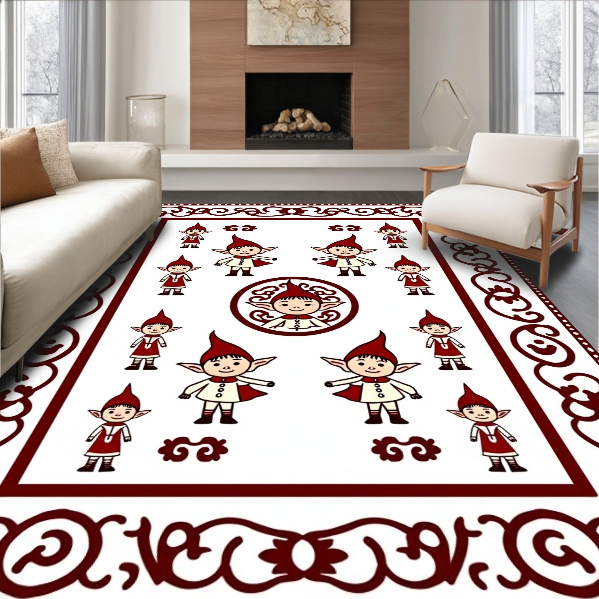 Crimson Elf Characters Whimsical Borders Rug