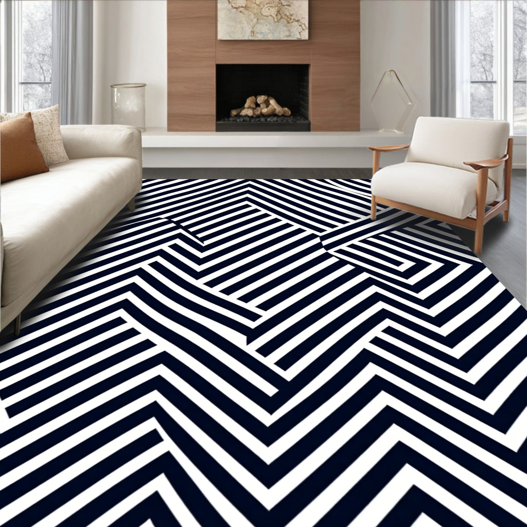 Bold Geometric Blue and White Stripes Rug
