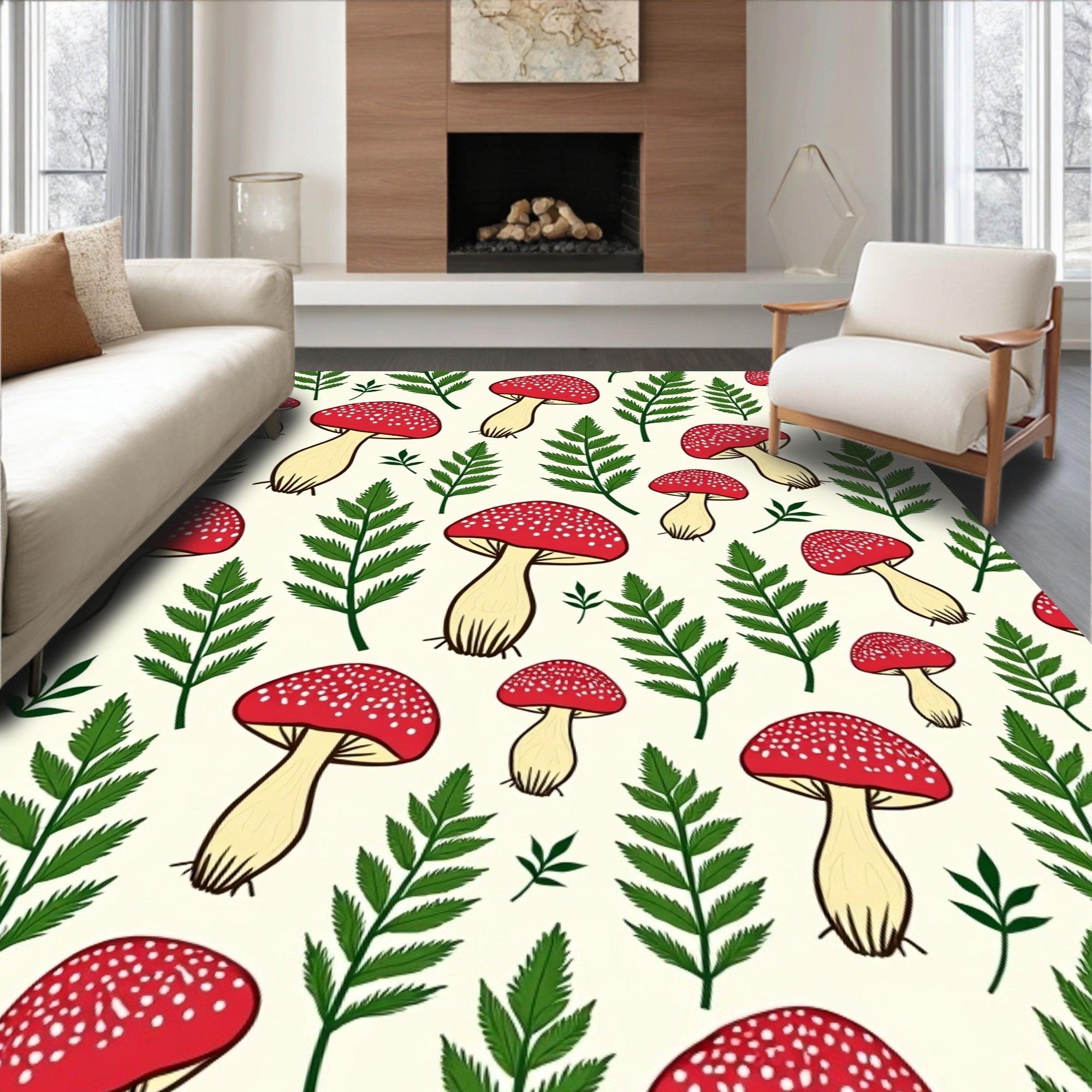 Red Mushroom Fern Forest Pattern Rug