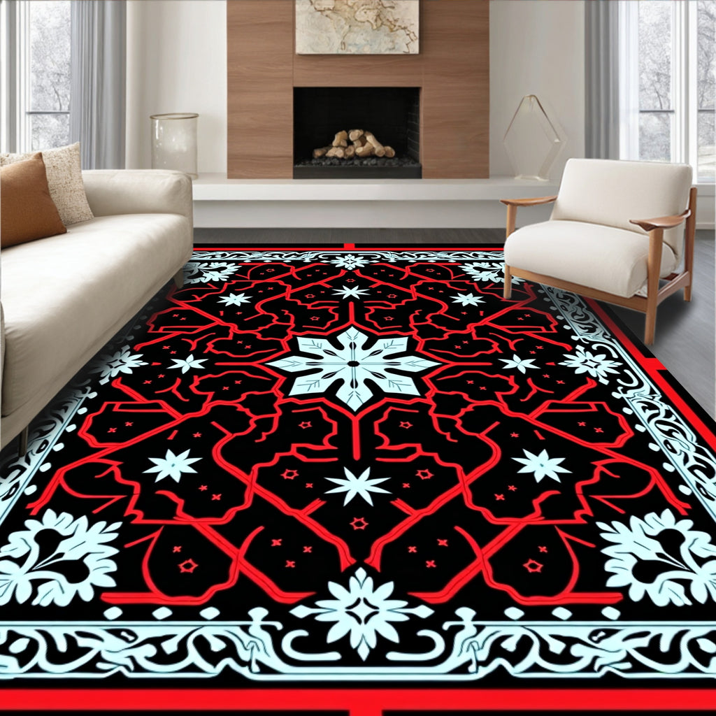 Red Light Blue Black Geometric Starburst Tile Rug