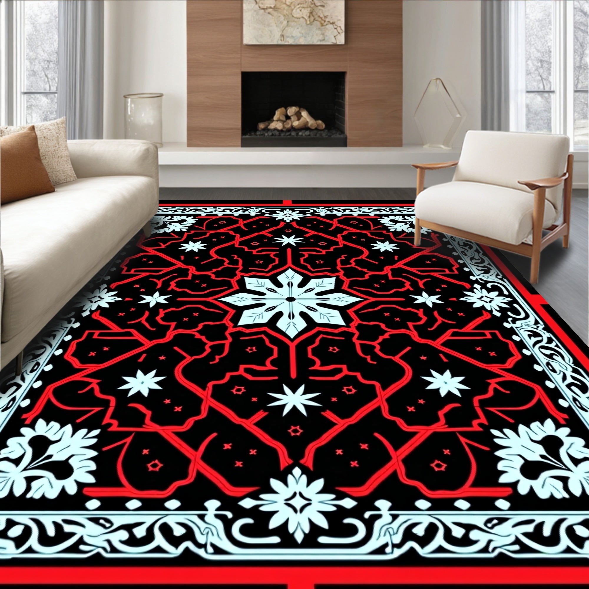 Red Light Blue Black Geometric Starburst Tile Rug