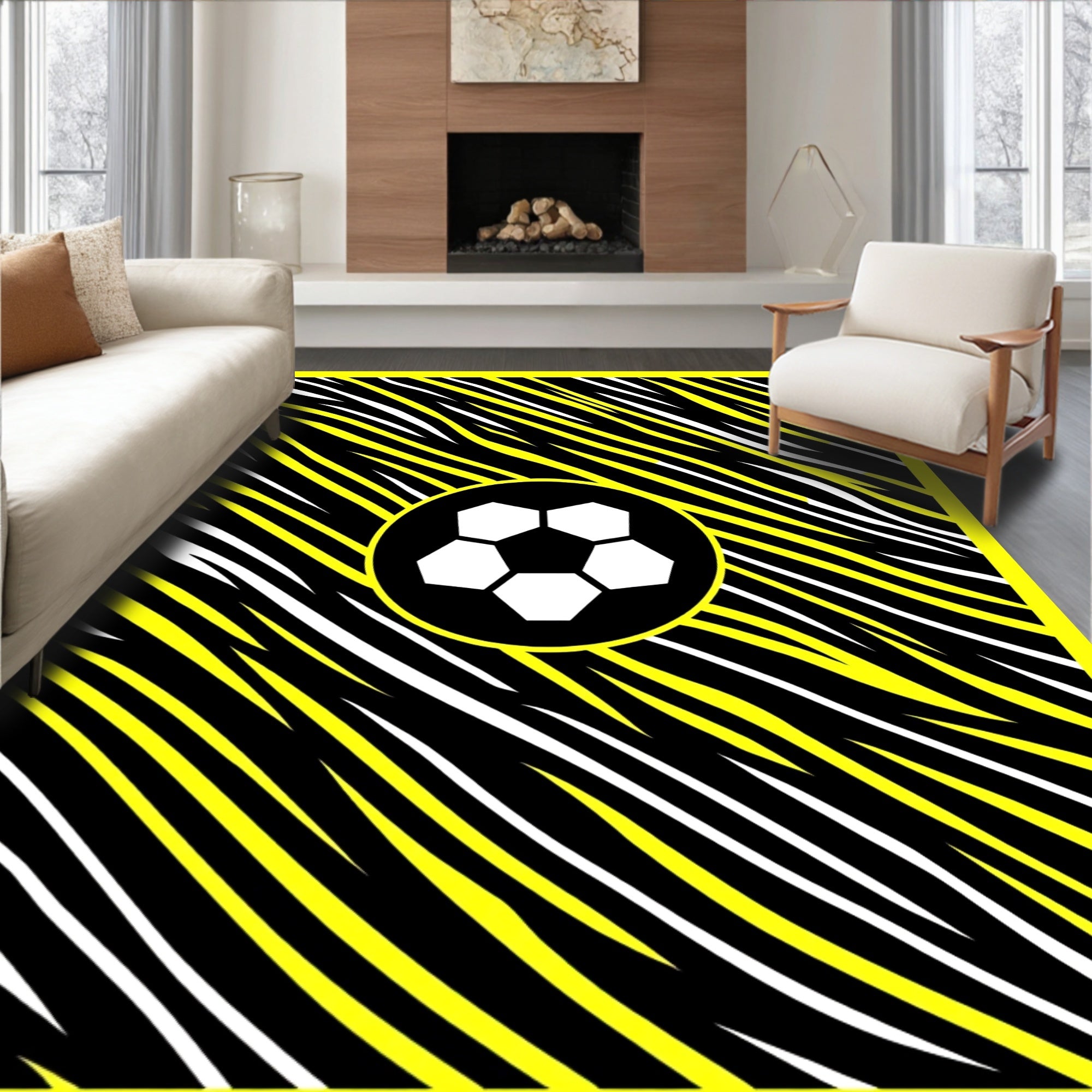 Bold Yellow Black White Soccer Graphic Rug