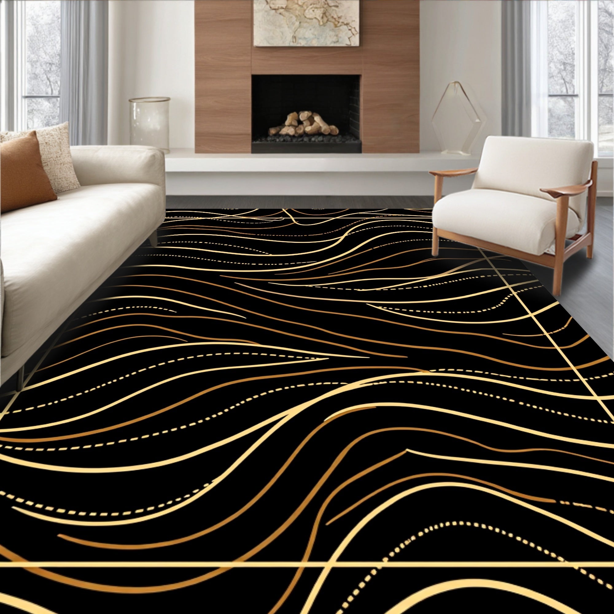 Golden Wavy Lines Abstract Rug