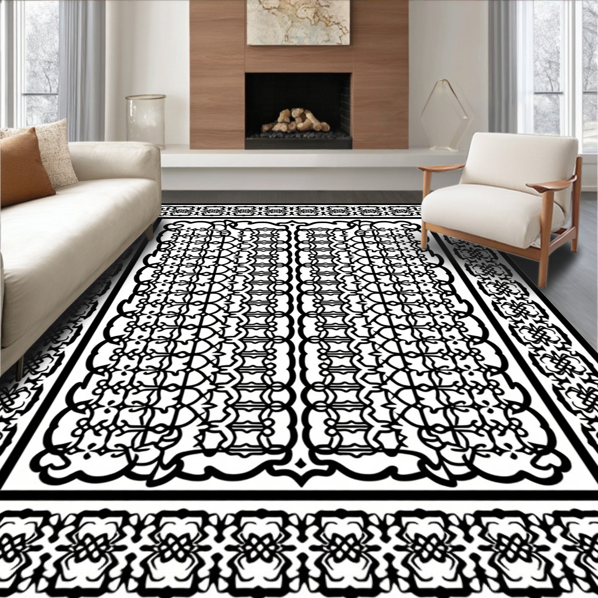 Intricate Black Geometric Lattice Rug