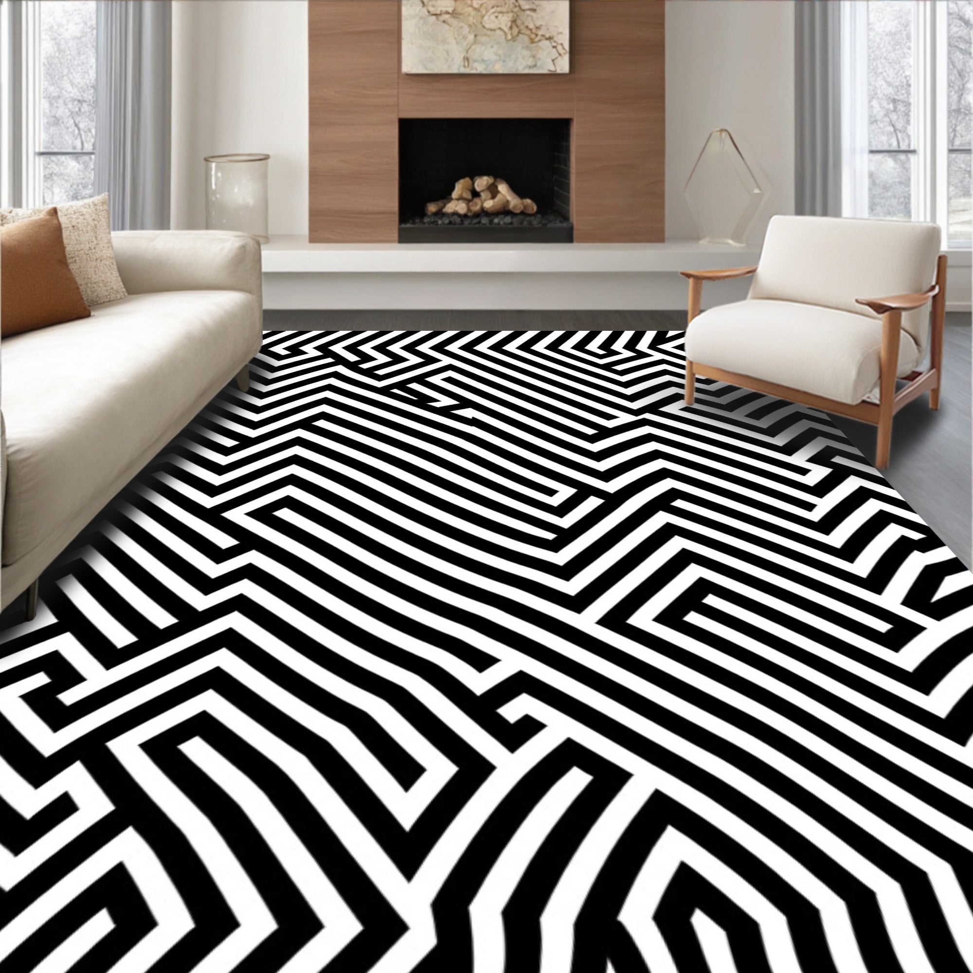 Monochromatic Black White Maze Lines Rug