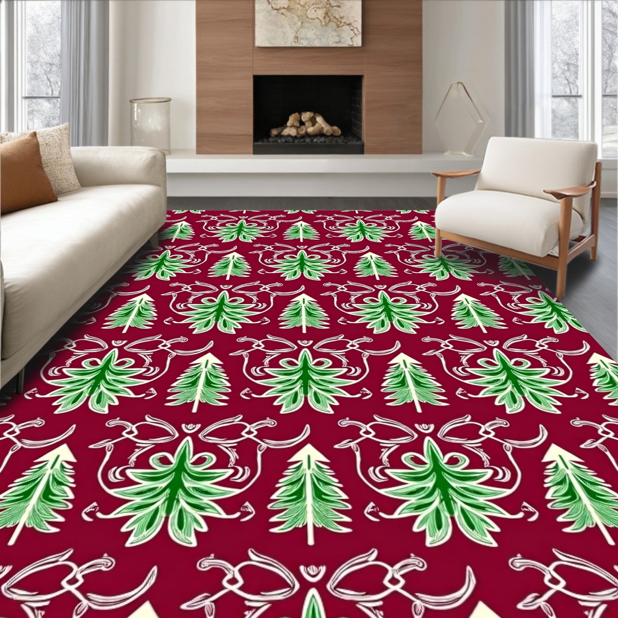 Crimson Green Christmas Tree Ornaments Rug