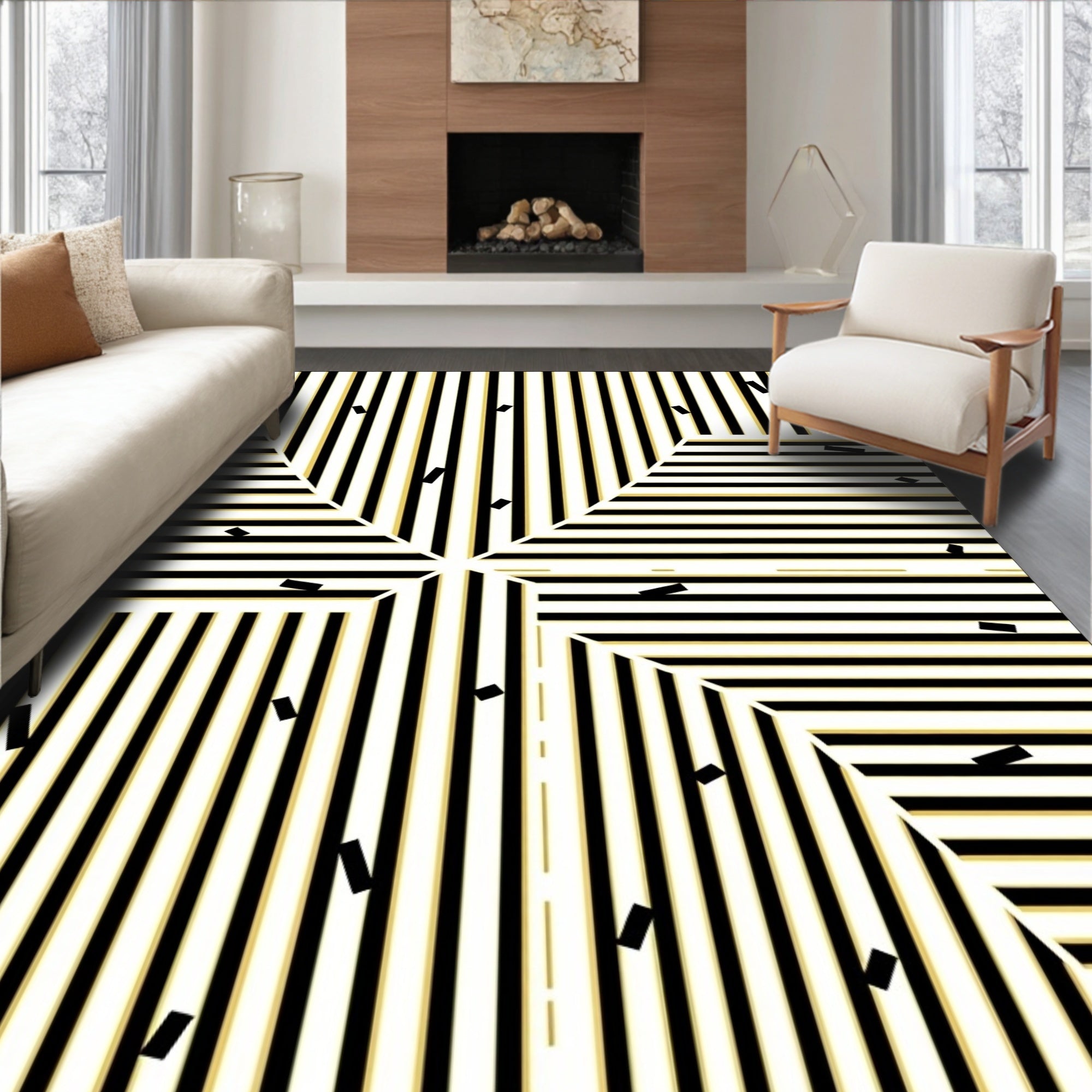 Black Gold Graphic Stripe Starburst Rug