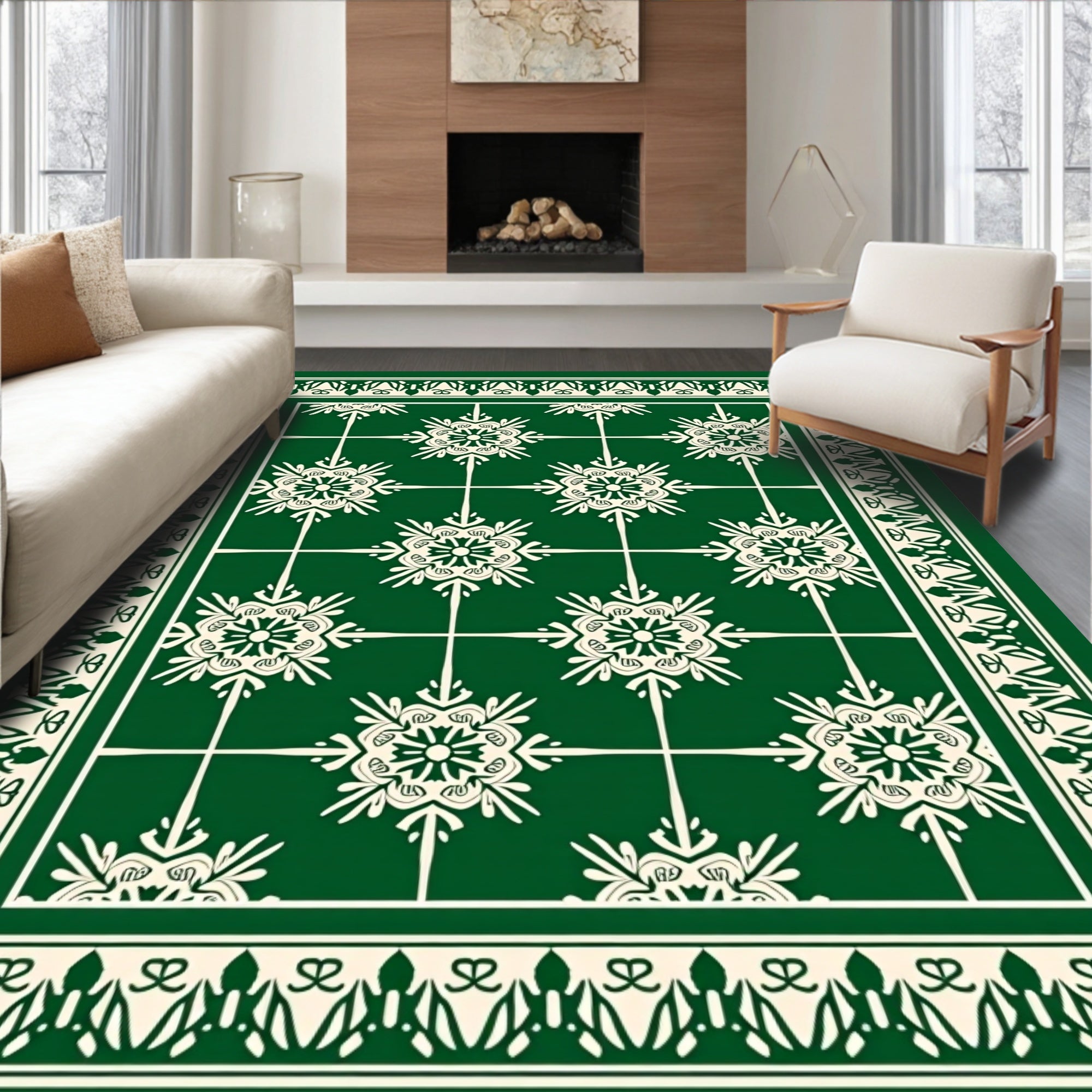 Enchanting Emerald Snowflakes Border Rug