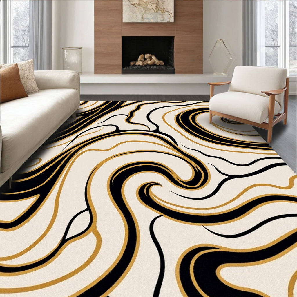 Black Gold Swirl Cream Abstract Rug