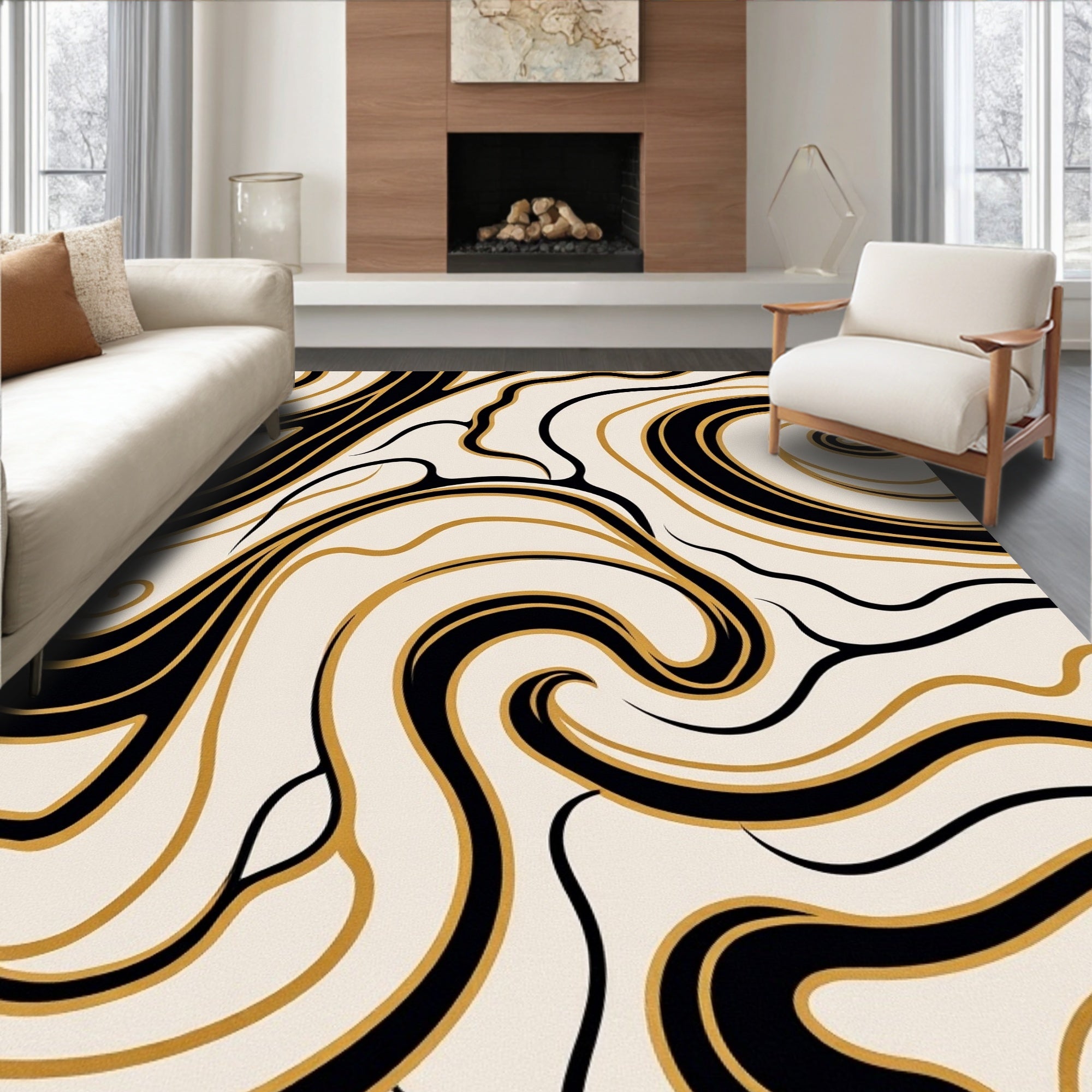 Black Gold Swirl Cream Abstract Rug