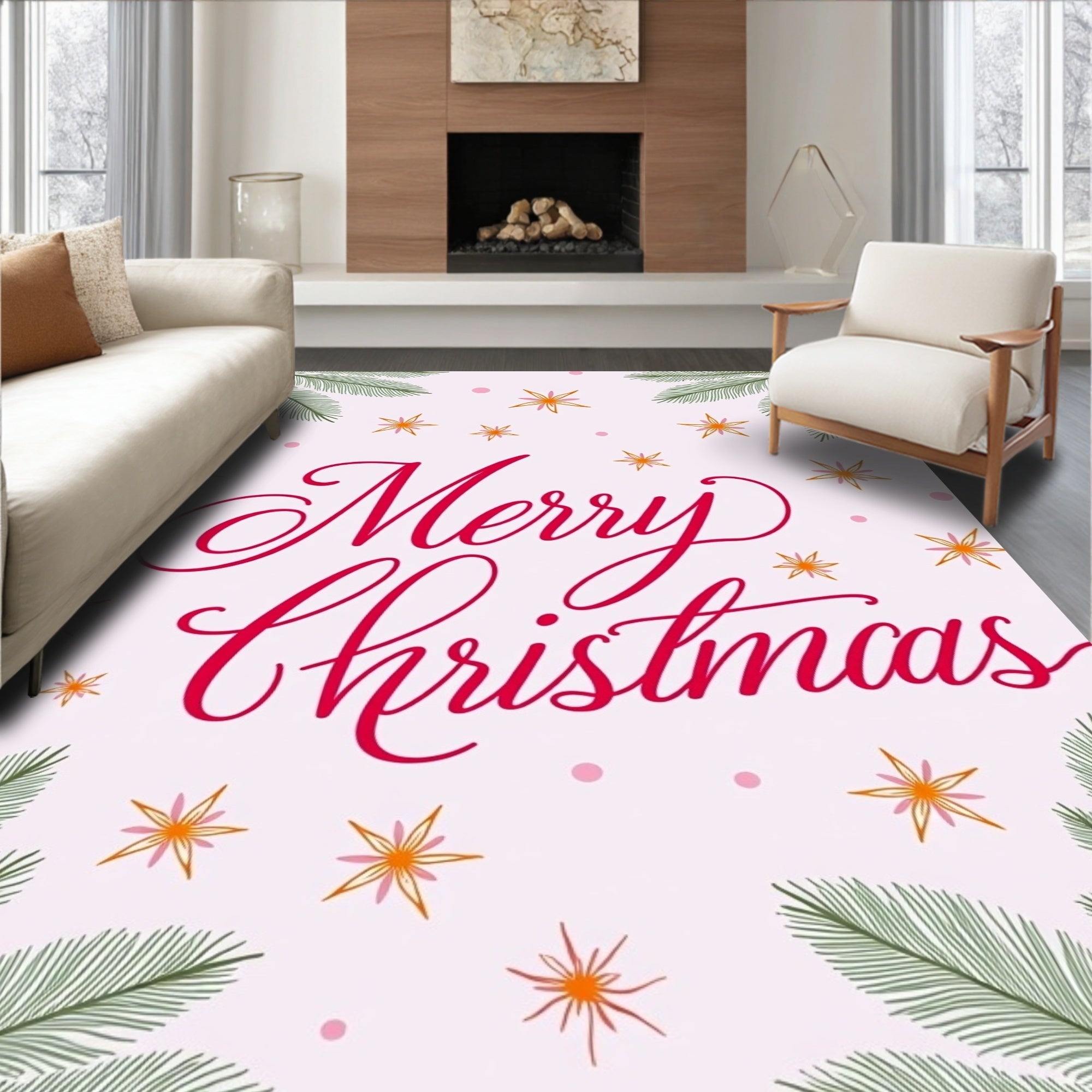 Festive Red Script Stars Pine Sprigs Rug