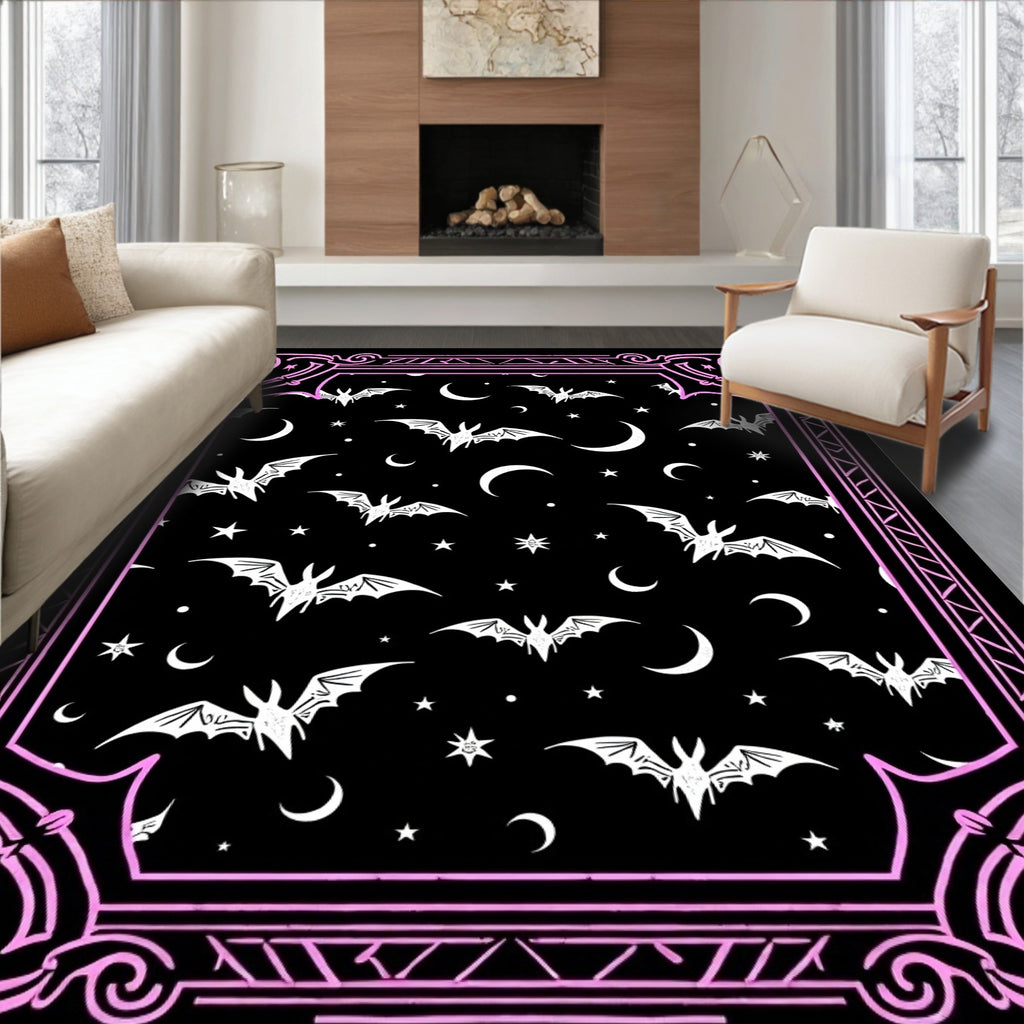 Spooky Pink Bat Moon Night Scene Rug