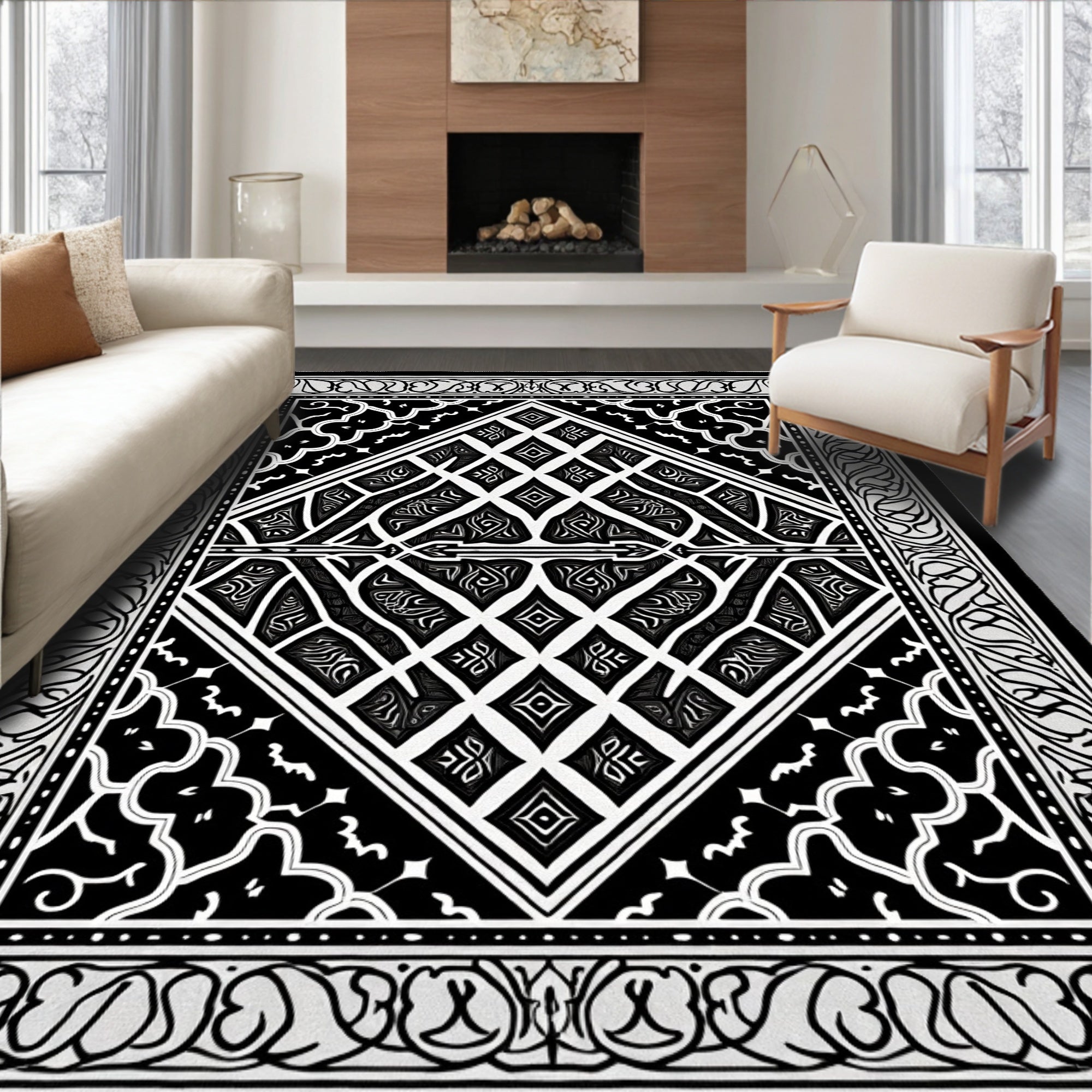 Monochromatic Diamond Inlay Border Runner Rug