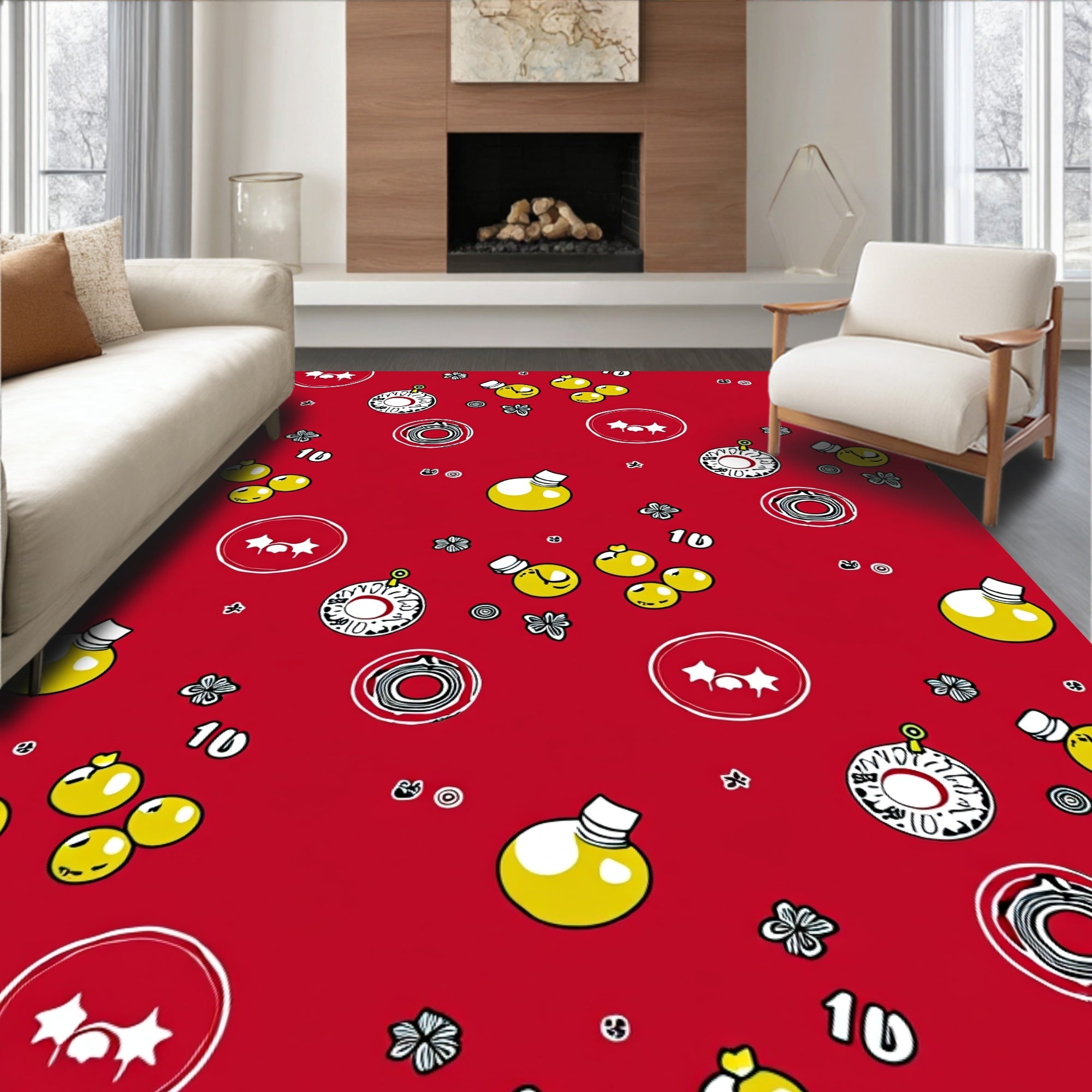 Vibrant Yellow Bubbles Red Background Rug