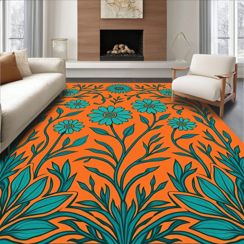 Teal Floral Vine Orange Background Rug