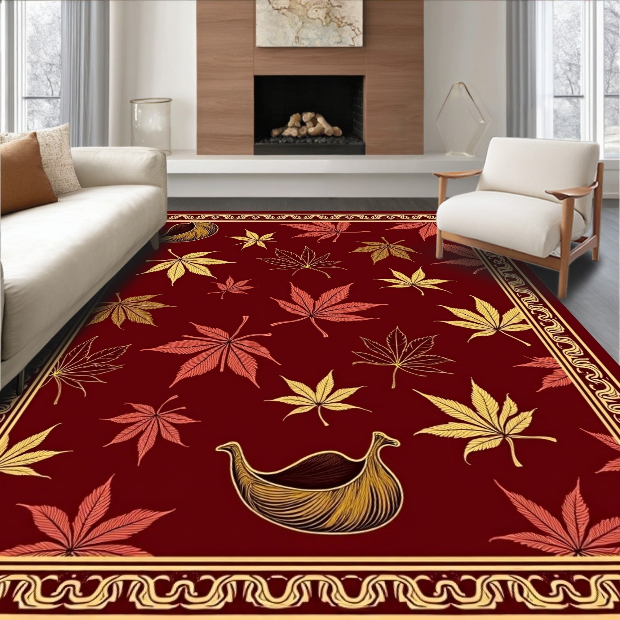 Crimson Gold Maple Leaf Arrangement Rug