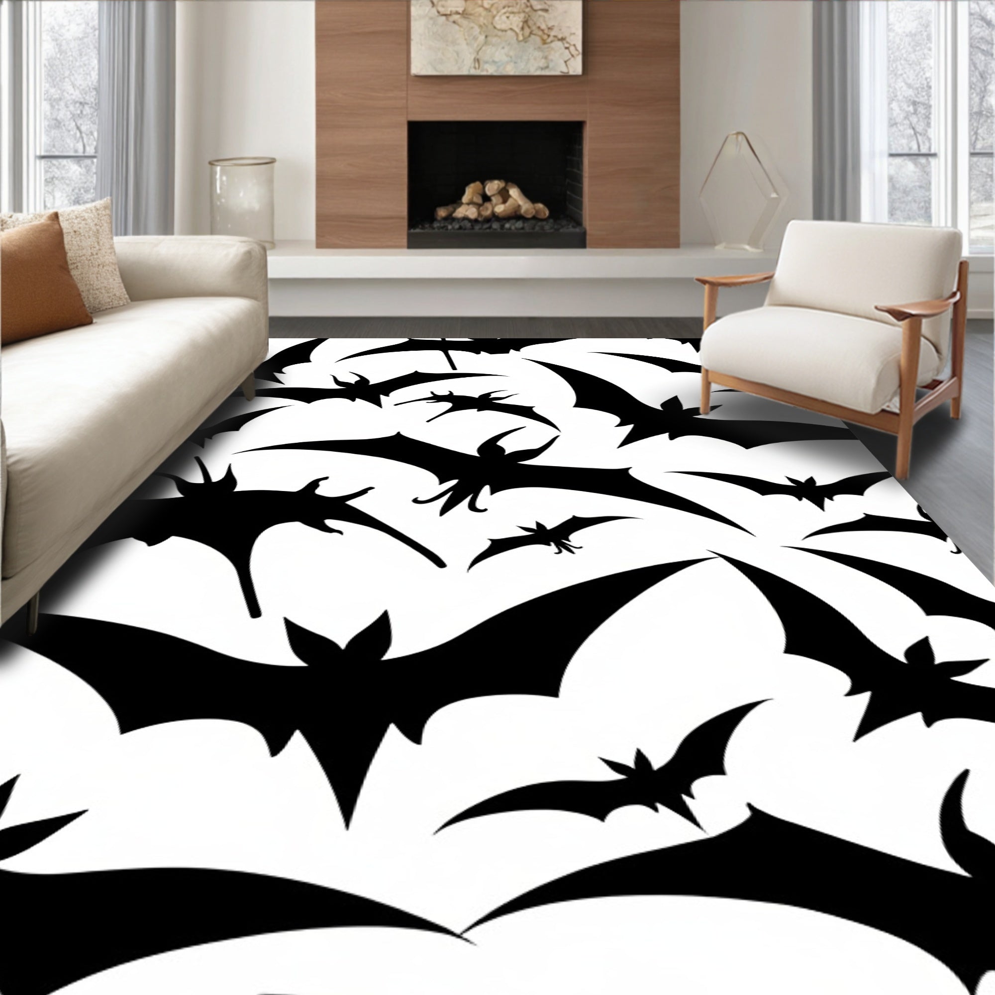 Black Flying Bats Silhouette Rug