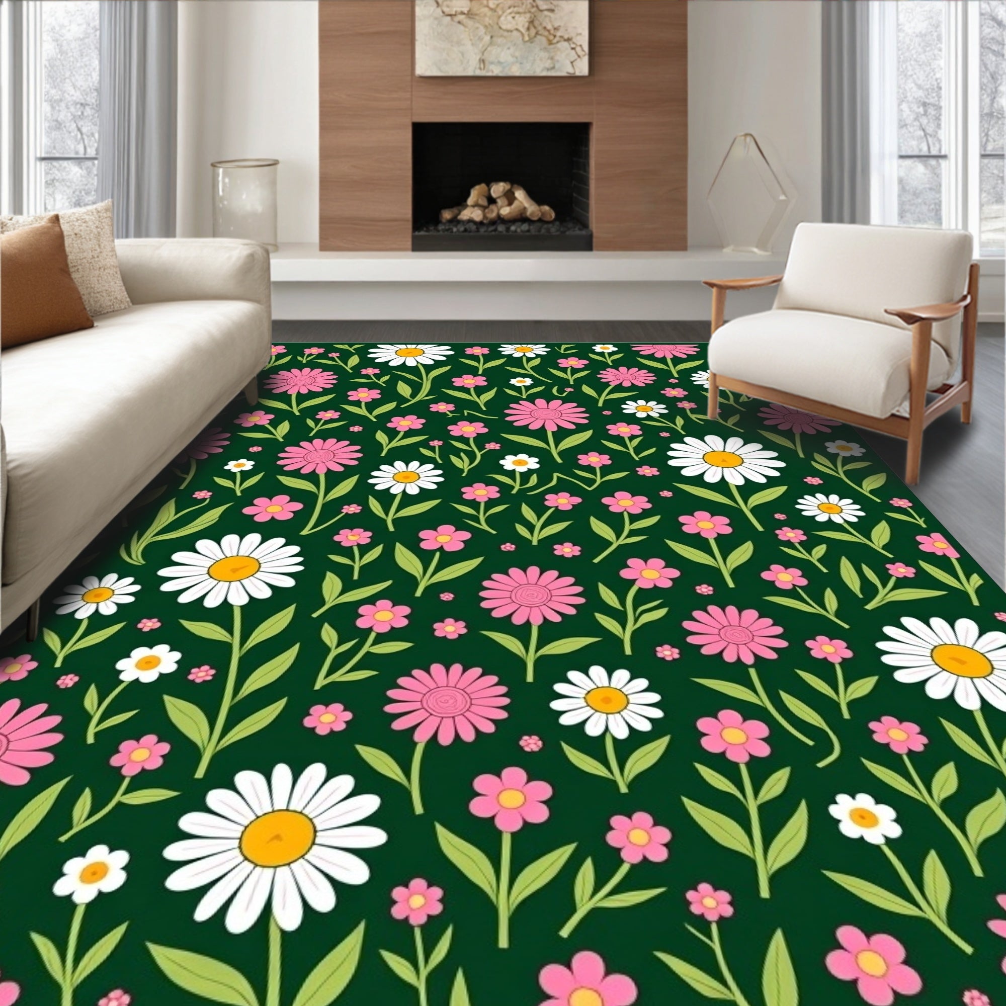 Whimsical Pink Daisy Garden Rug