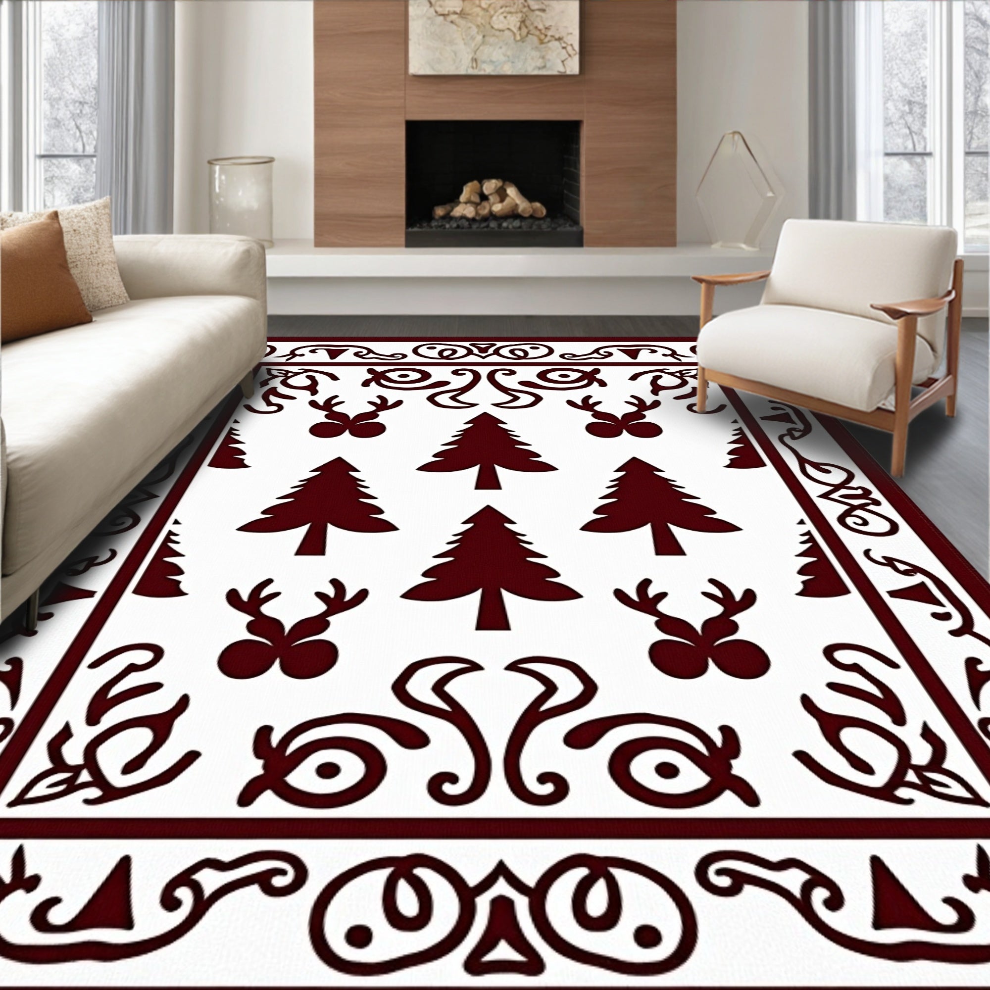 Deep Red Christmas Tree Reindeer Border Rug