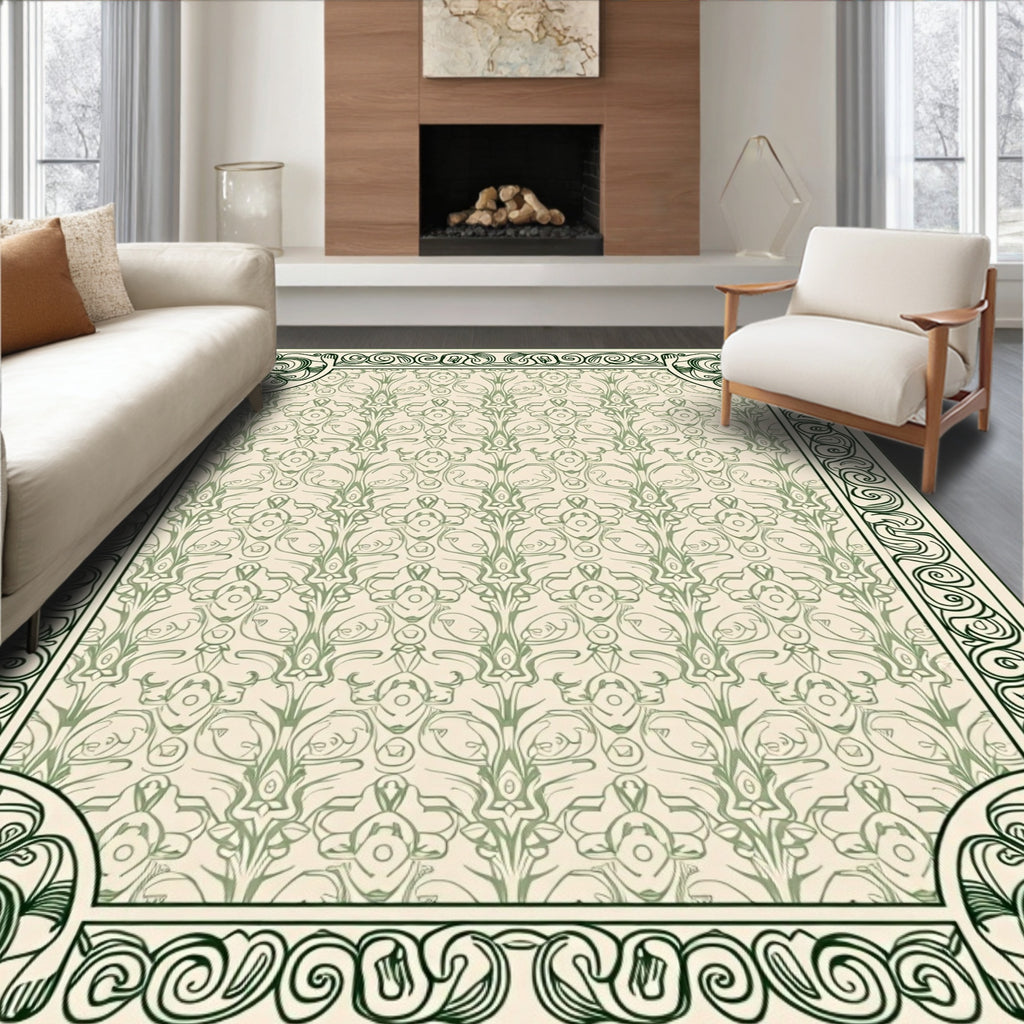 Ornate Cream Green Floral Border Rug