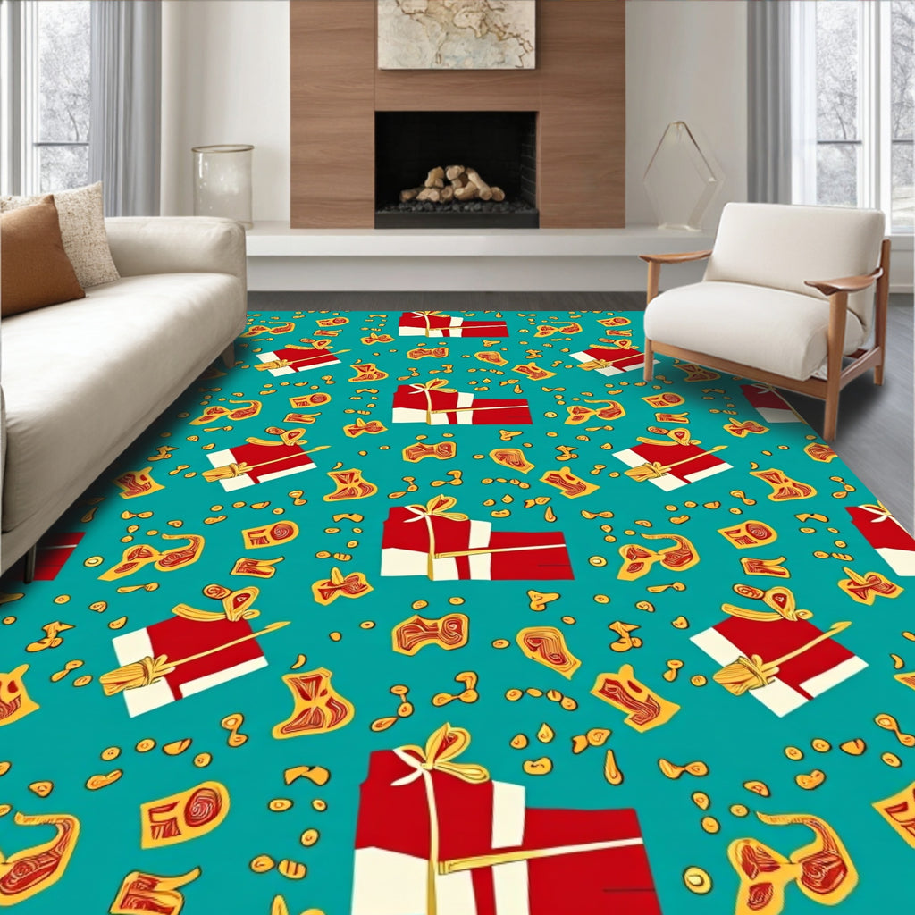 Red Gift Boxes Scattered Yellow Rug