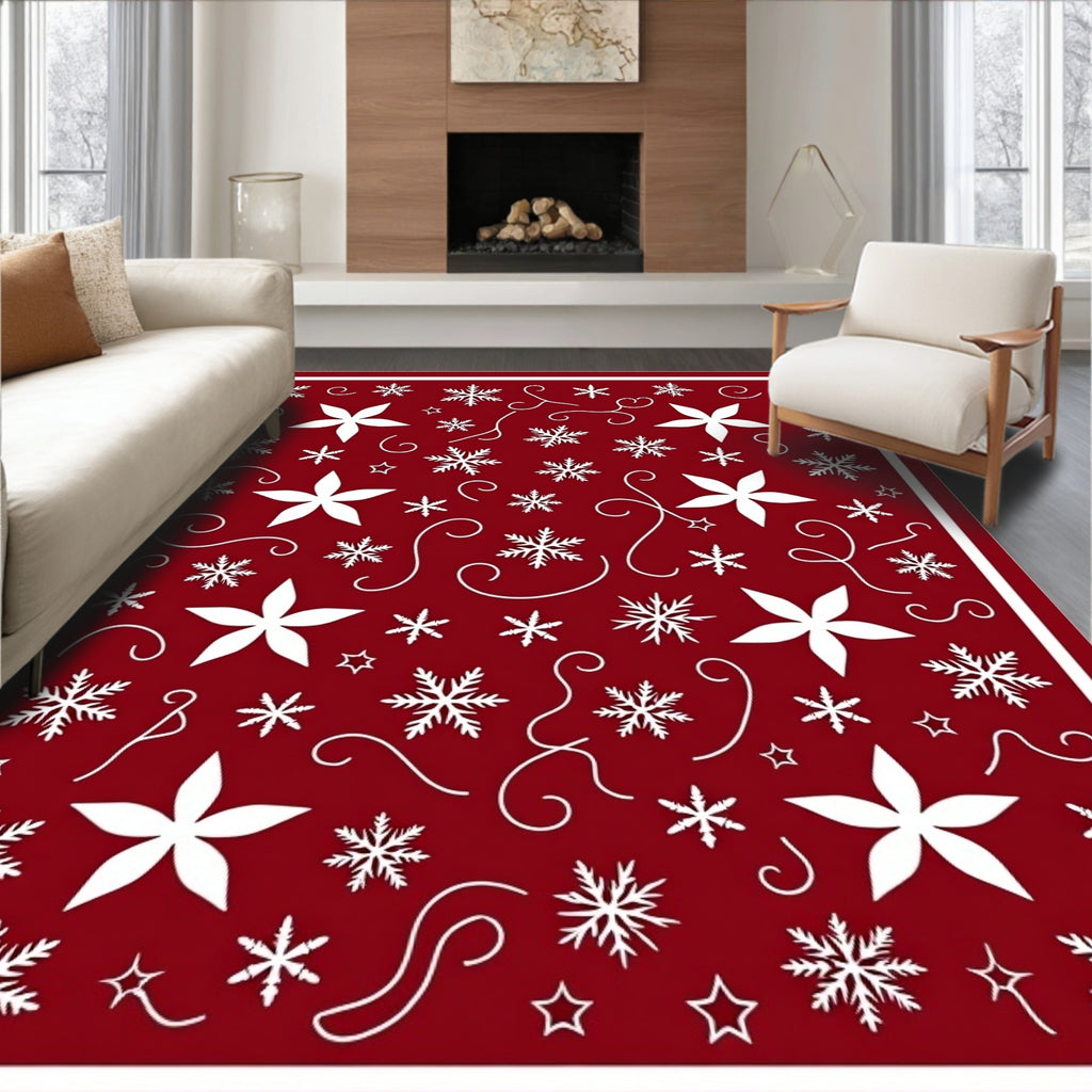 Crimson White Star Snowflake Swirl Accents Rug