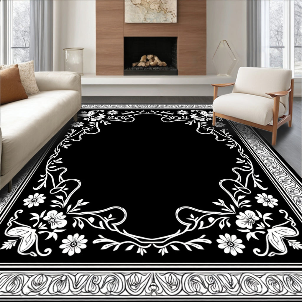 Ornate Black White Floral Garden Frame Rug