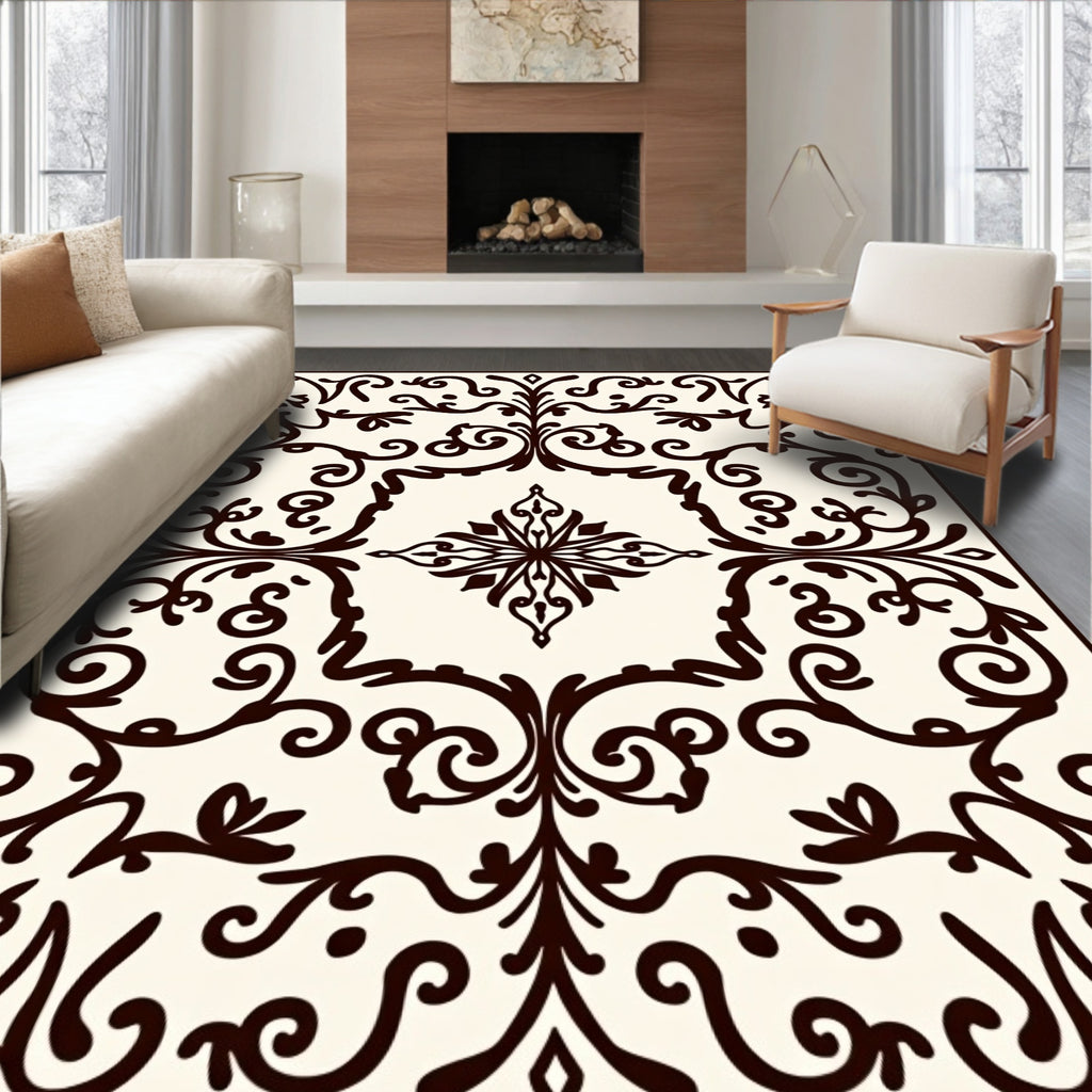 Dark Brown Floral Scrollwork Swirls Rug