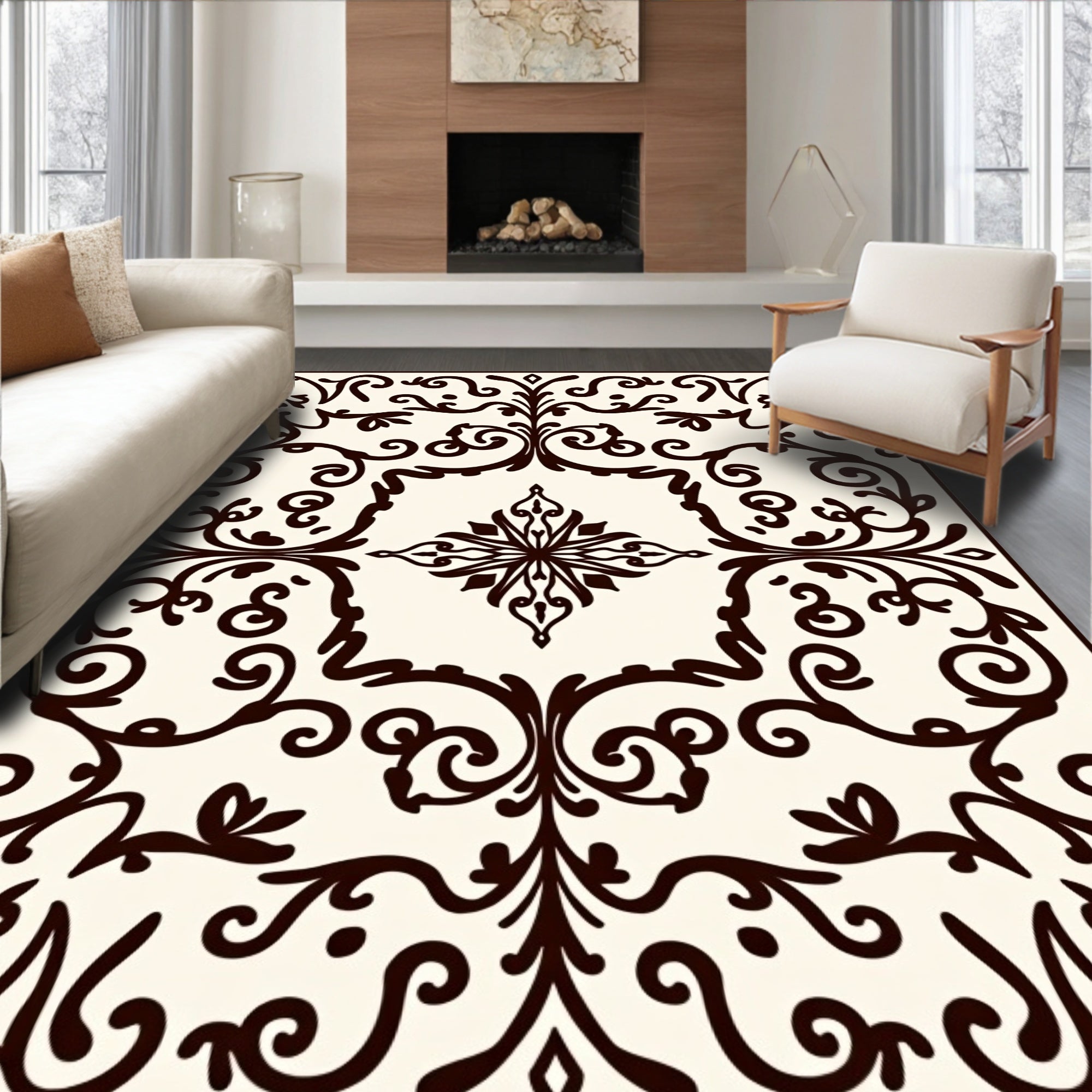 Dark Brown Floral Scrollwork Swirls Rug