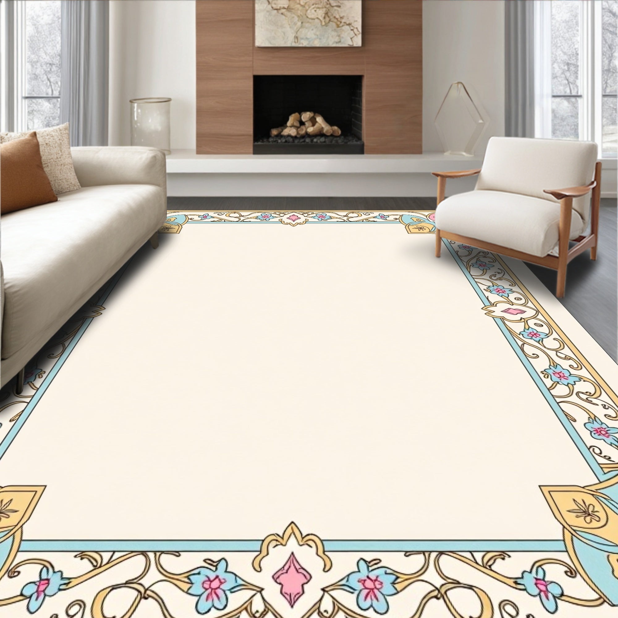 Pastel Floral Vines Scroll Frame Rug