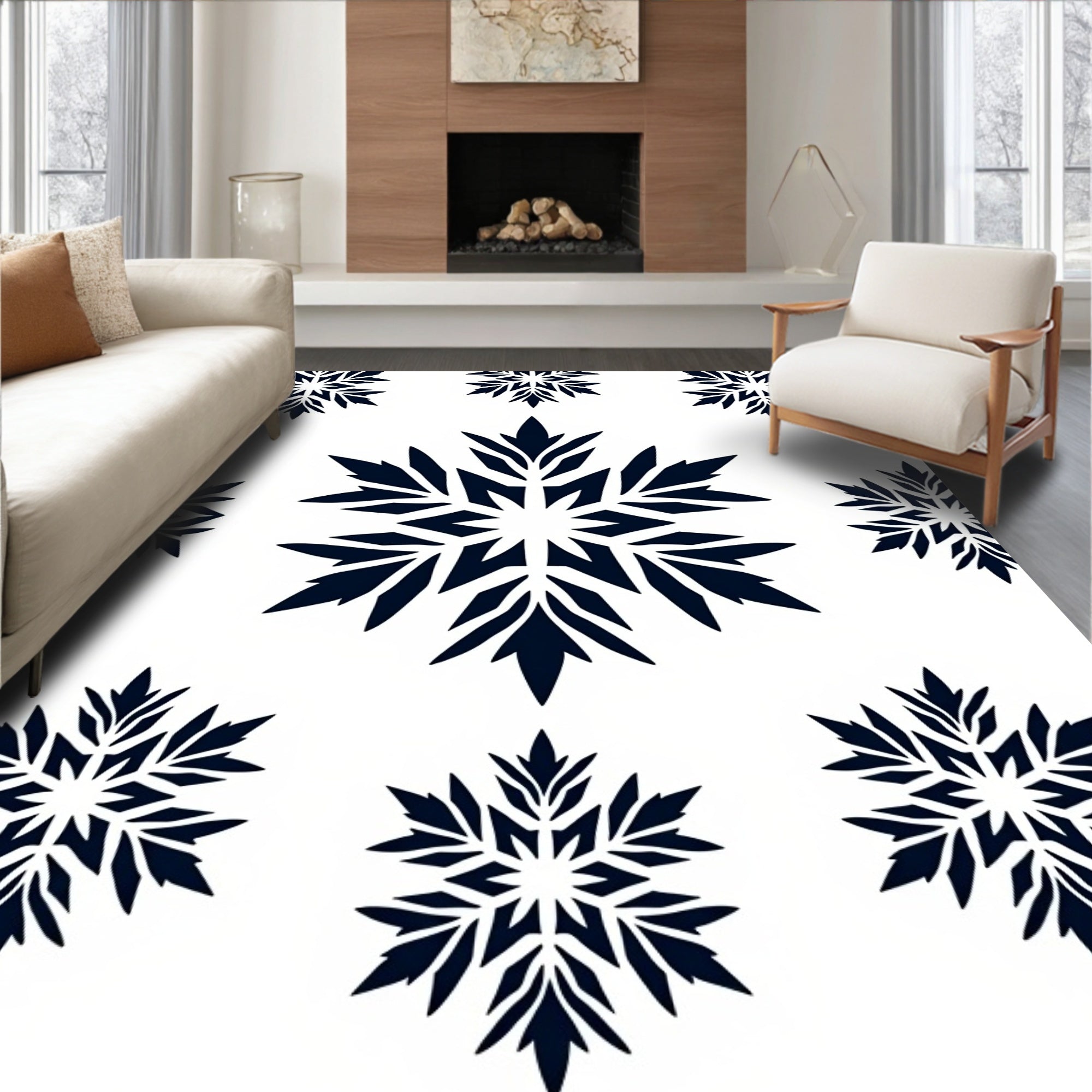 Dark Blue Snowflake Medallion Repeat Rug