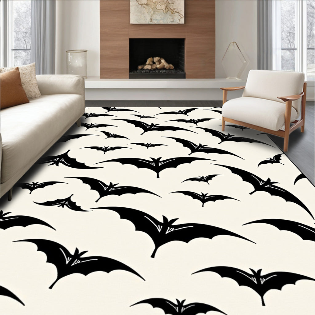 Black Flying Bats Cream Background Rug