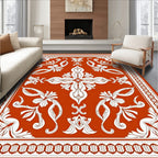 Terracotta White Floral Scroll Medallion Rug